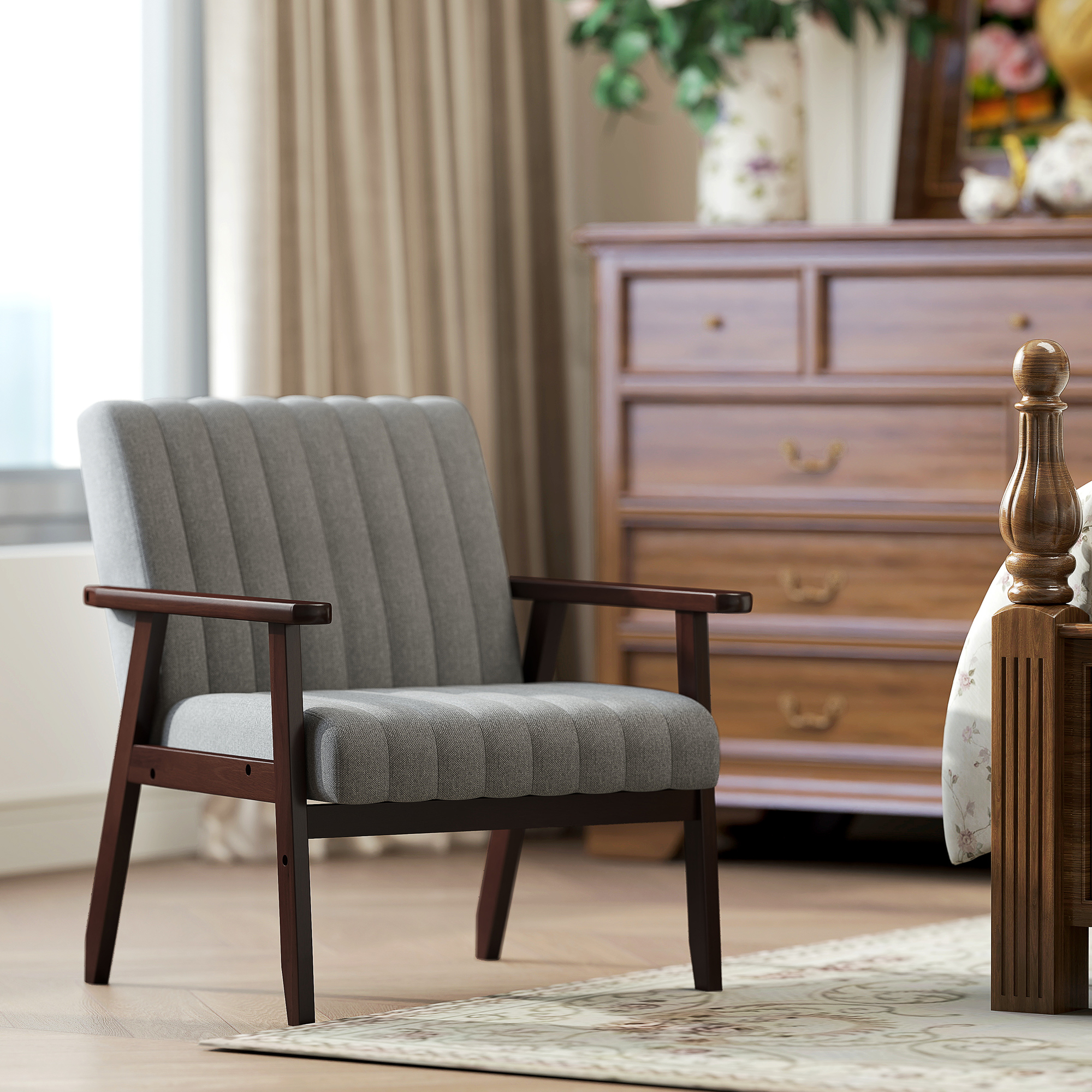  Fotoliu Tip Scaun din Material, Fotoliu Capitonat pentru Dormitor, Sufragerie, cu Picioare din Lemn, 64x74,5x75,5 cm, Gri [1]