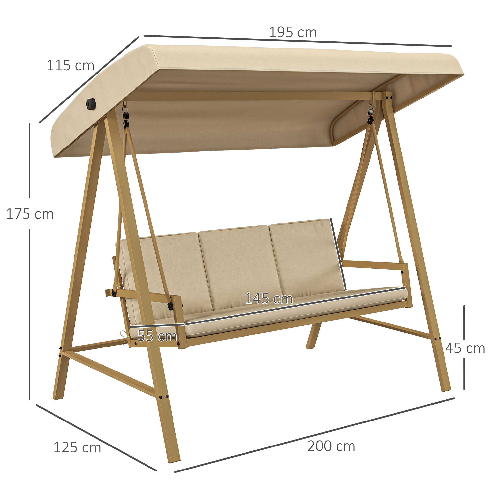  Scaun Balansoar de Gradina cu 3 Locuri, Banca Hamac in Aer Liber cu Copertina Reglabila, Perne Detasabile si Cadru Solid [2]