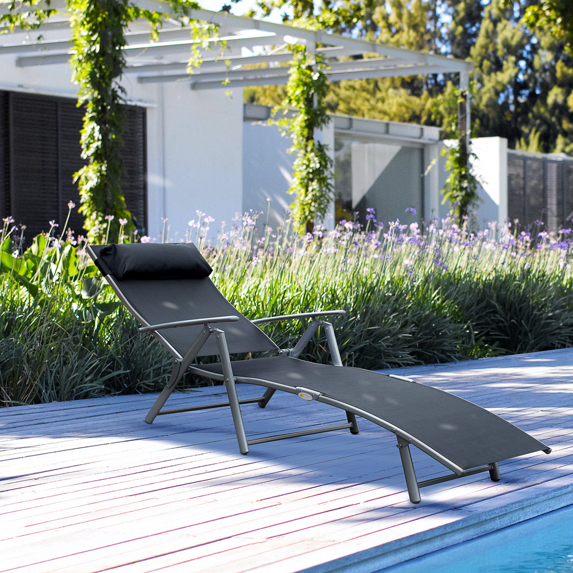  sezlong de Gradina Pliabil cu Perna si Spatar cu 7 Pozitii de inclinare, 137x63.5x100.5 cm, Negru [1]