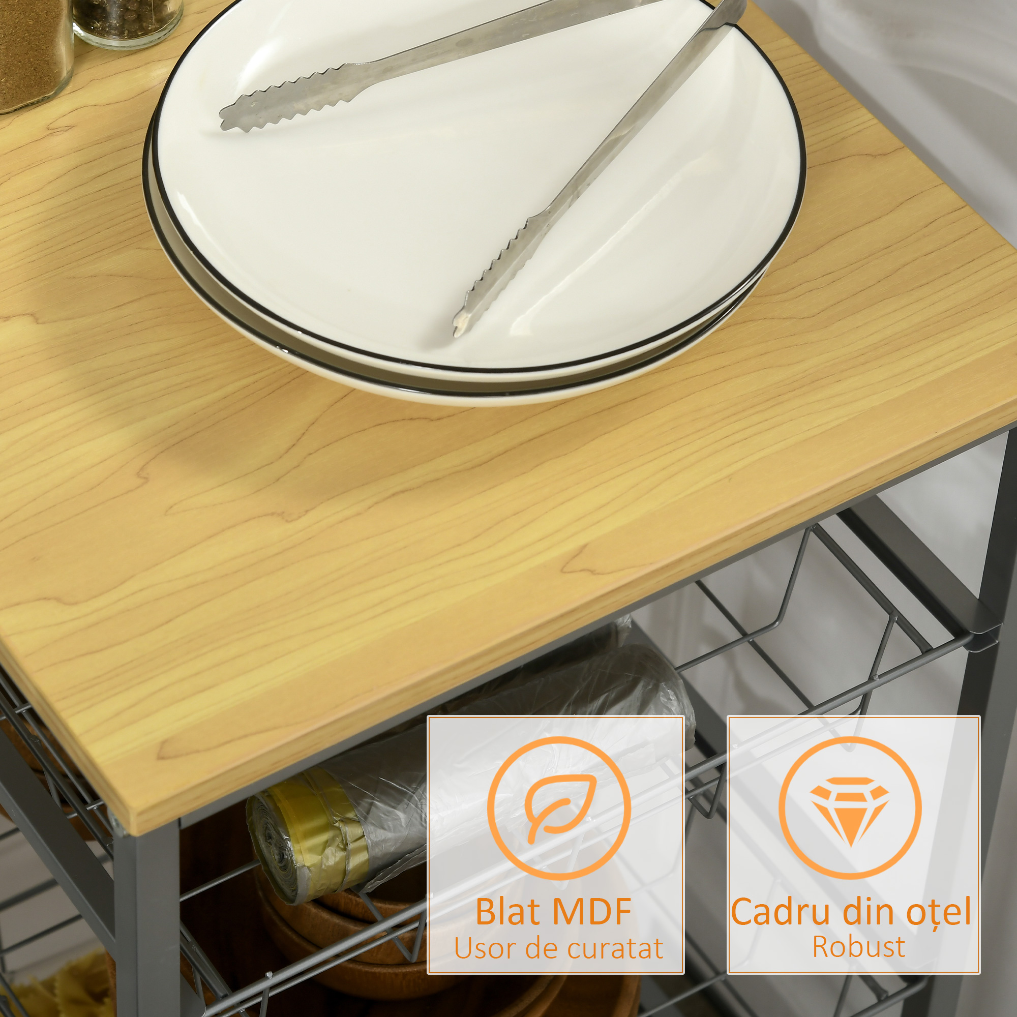  Carucior de Bucatarie cu 4 Cosuri Detasabile pentru Alimente, 36,5x36,5x89 cm, Argintiu [5]