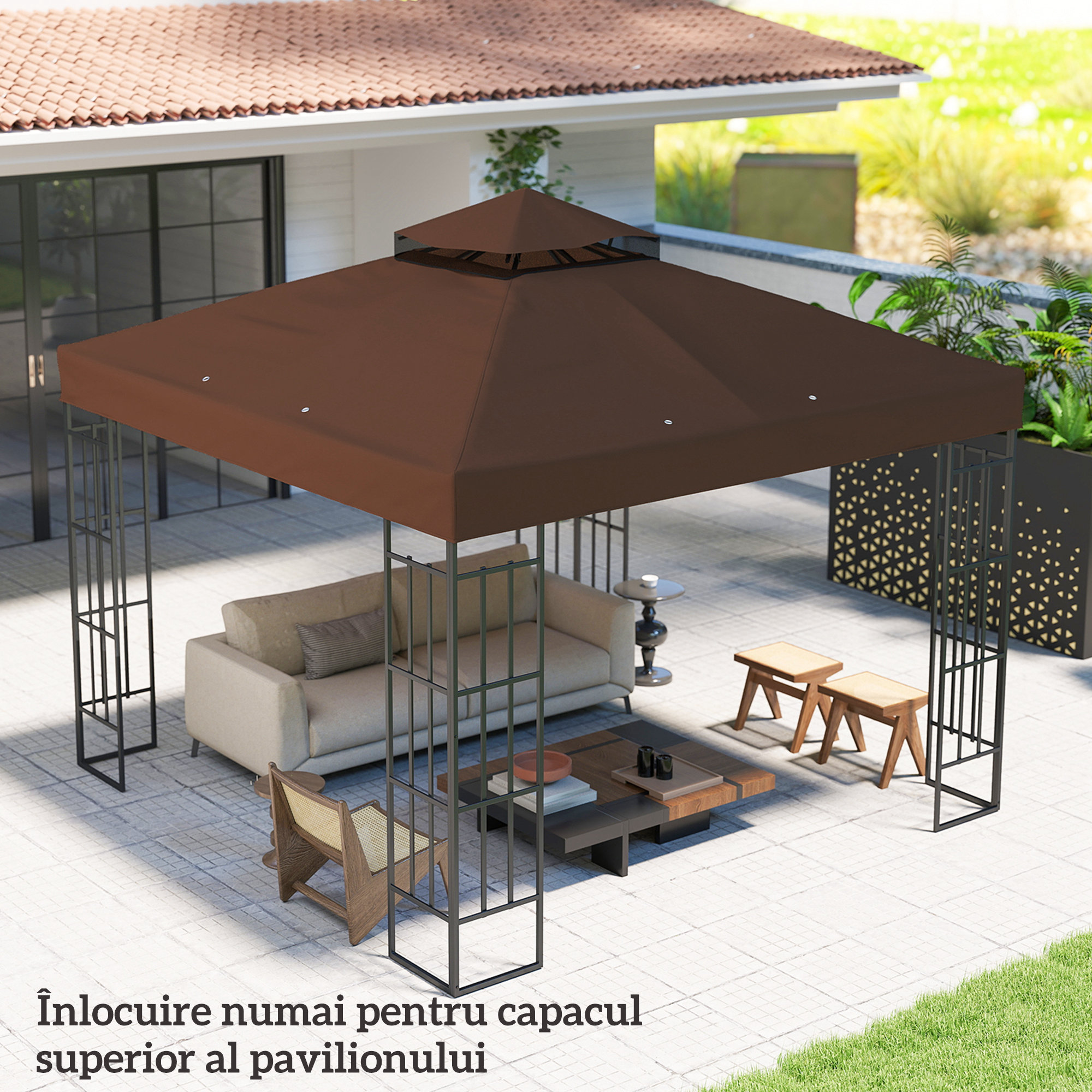  Acoperis de Schimb pentru Foisor 3x3 m cu 2 Niveluri pentru Gradina, Panza Rezistenta la Apa din tesatura Oxford 370g/㎡ Anti-UV 30+ cu Orificii de Drenaj, Cafea [7]
