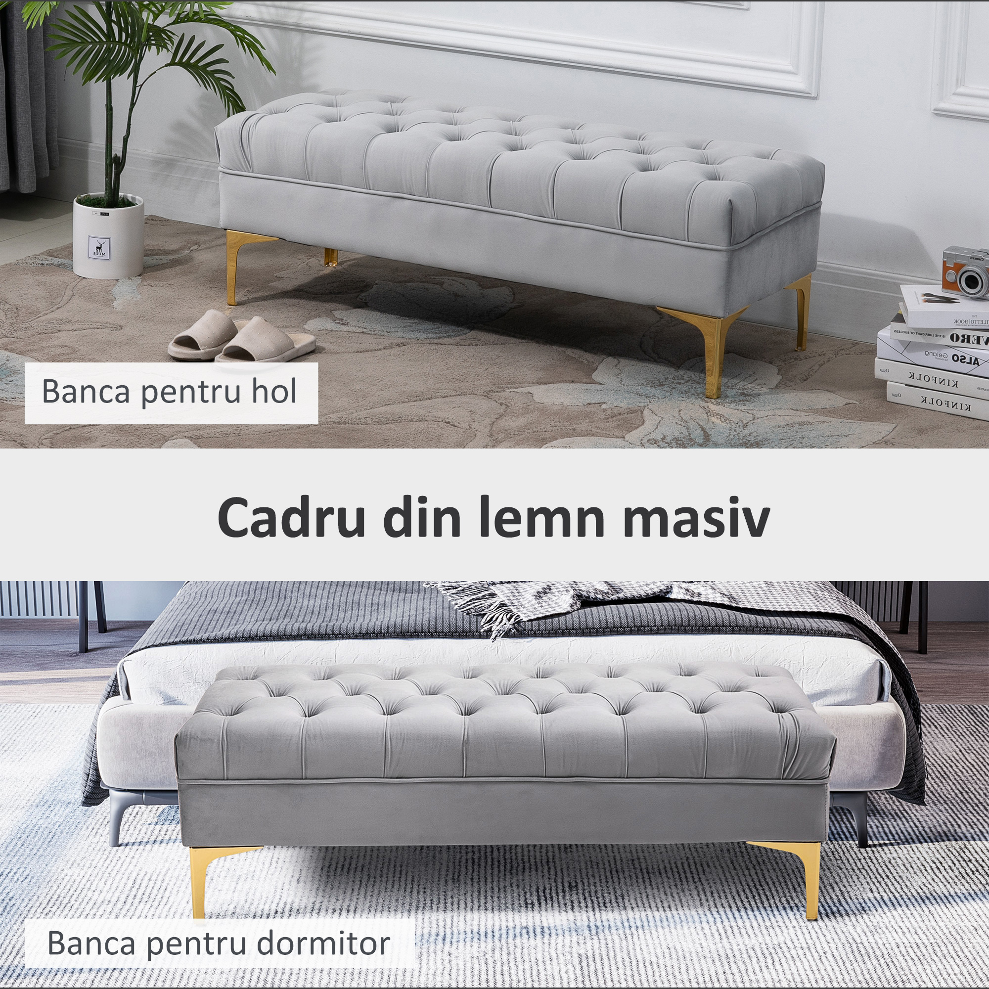  Banca Capitonata din tesatura Catifelata pentru Dormitor & Hol, Banca Eleganta la Capatul Patului cu Picioare Metalice [4]