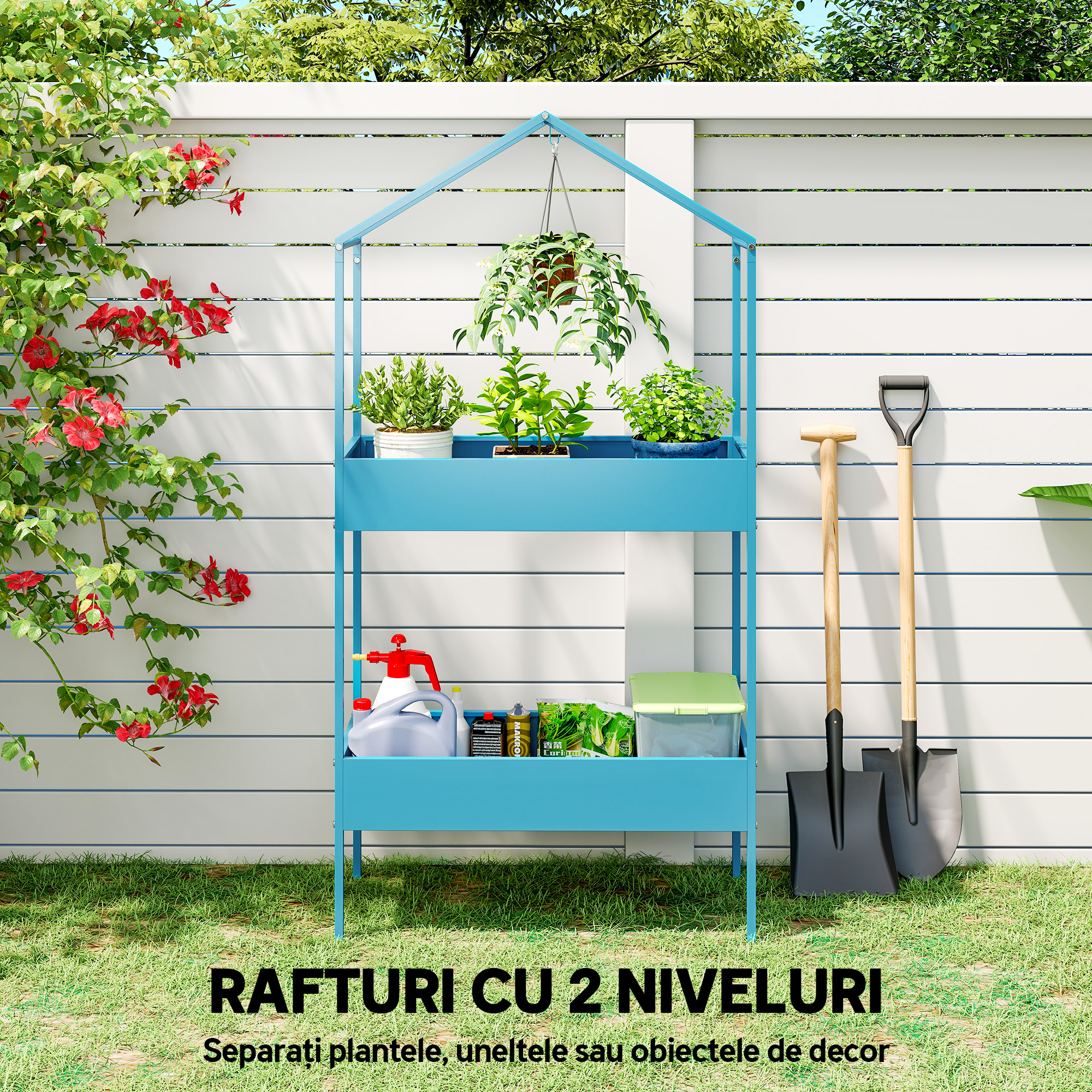  Suport pentru Ghivece pe 2 Niveluri din Metal in Forma de Casuta, Etajera pentru Plante cu Agatatoare, pentru Interior si Exterior, 75x35x150 cm, Albastru-Verde [4]