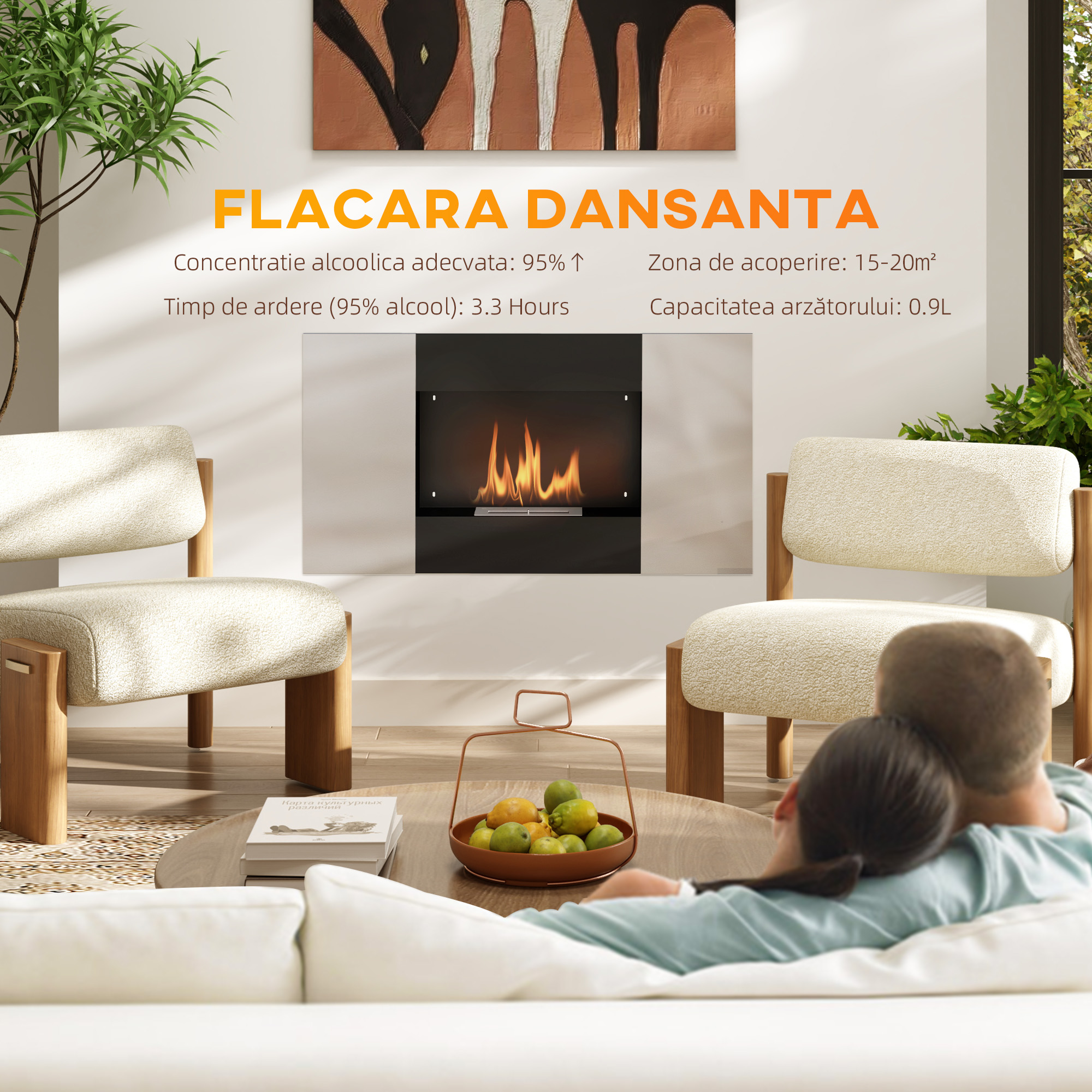  semineu pe Bioetanol de 0,9L pentru Durata de 3,3 ore, Biosemineu incastrabil din Otel si Sticla, 100x15x54 cm, Negru [3]