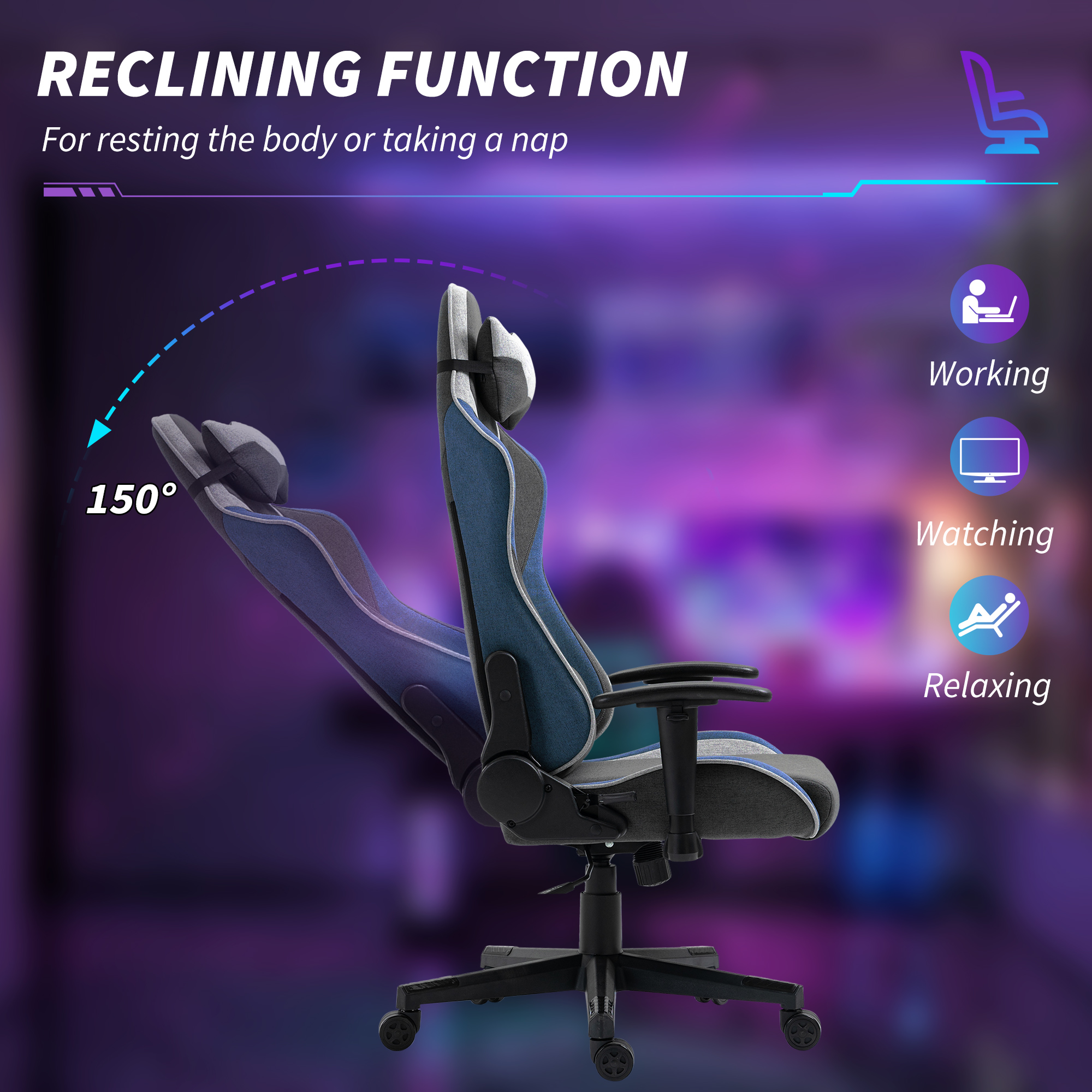 Scaun de Gaming Reclinabil la 150° cu Functie de Leganare, din tesatura cu Aspect de In, 66x53x128-138 cm, Gri [5]