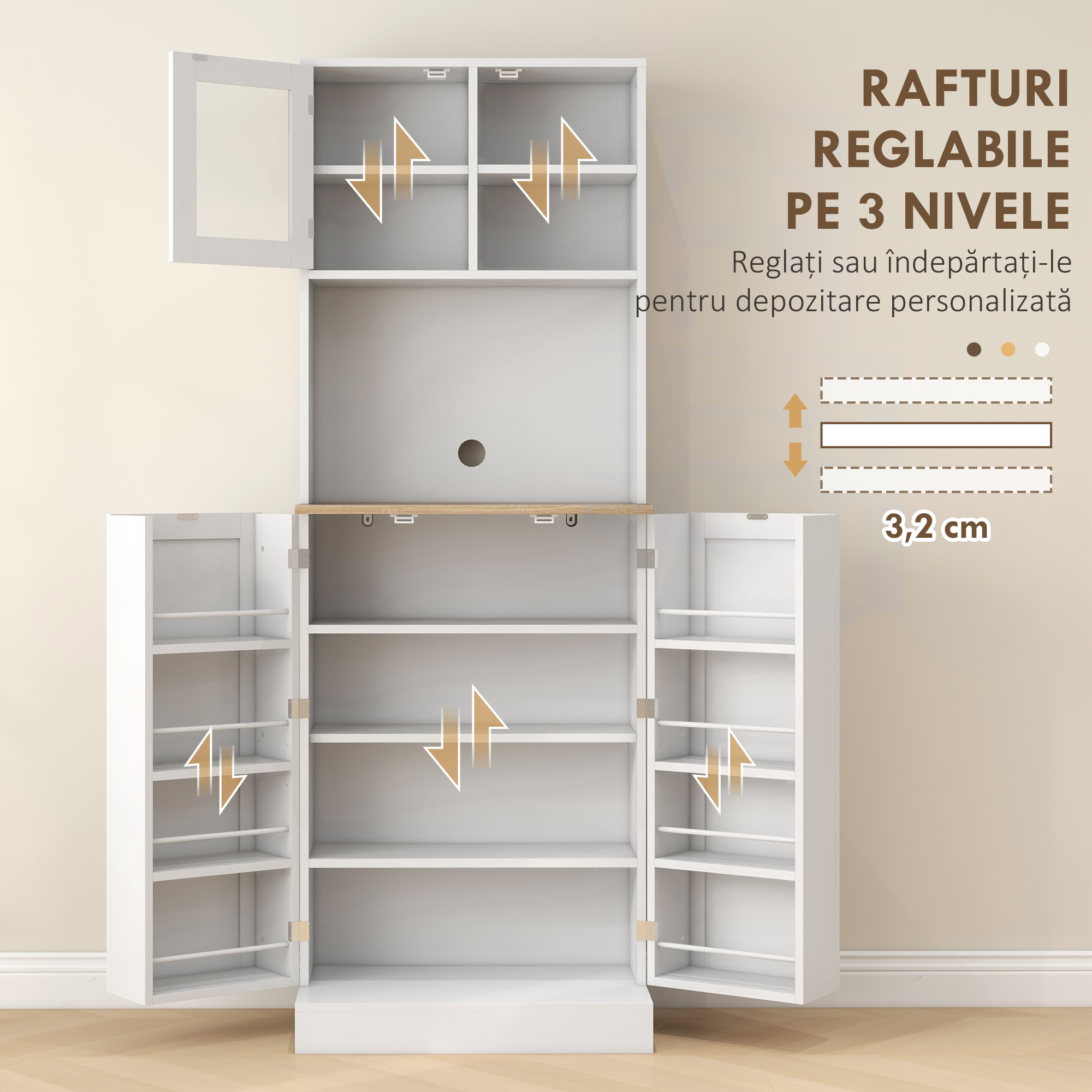  Dulap de Bucatarie pentru Cuptor cu Microunde cu Rafturi Deschise si Dulap cu Suport pentru Condimente, 60x35x169 cm, Alb [4]