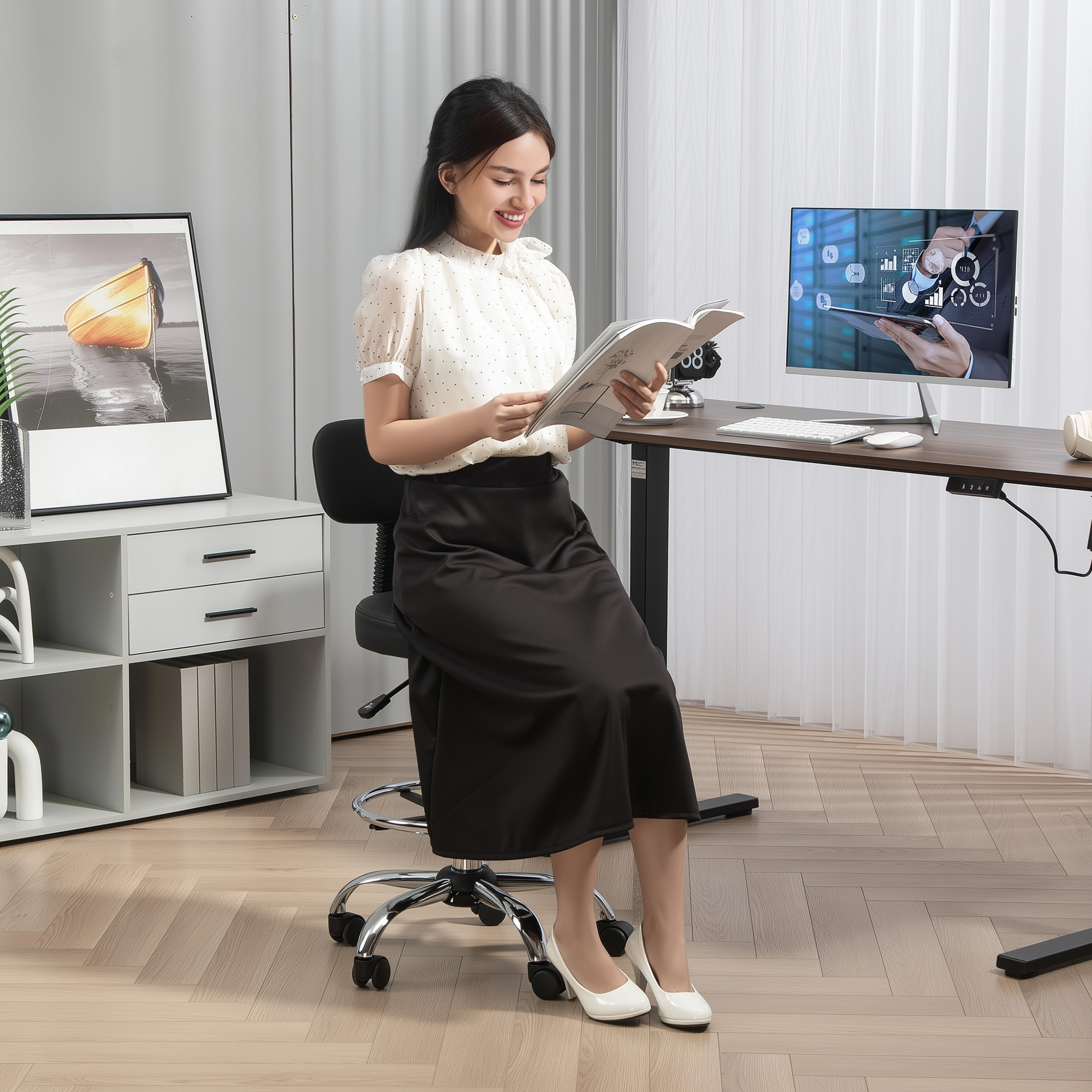  Scaun rotativ cu inaltime reglabila si suport pentru picioare, din otel, piele ecologica si spuma, 52x52x78-92 cm, negru [6]