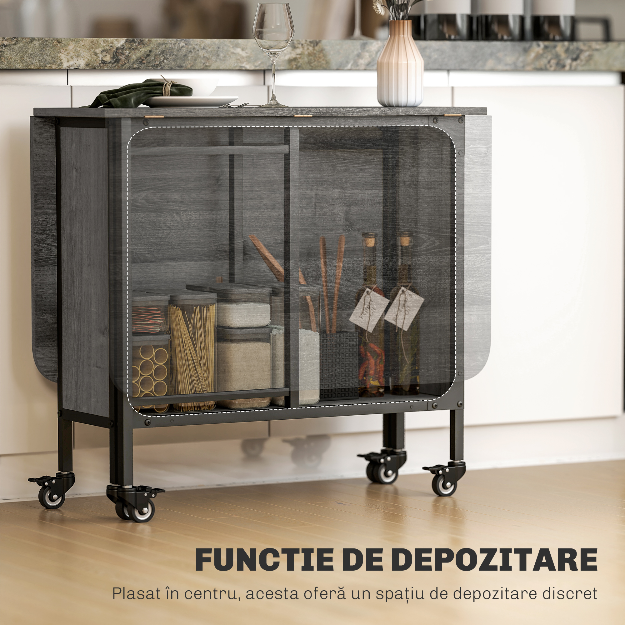  Masa de dining pliabila pentru maximum 6 persoane, cu raft, din lemn si metal, 130x80x74 cm, gri [4]