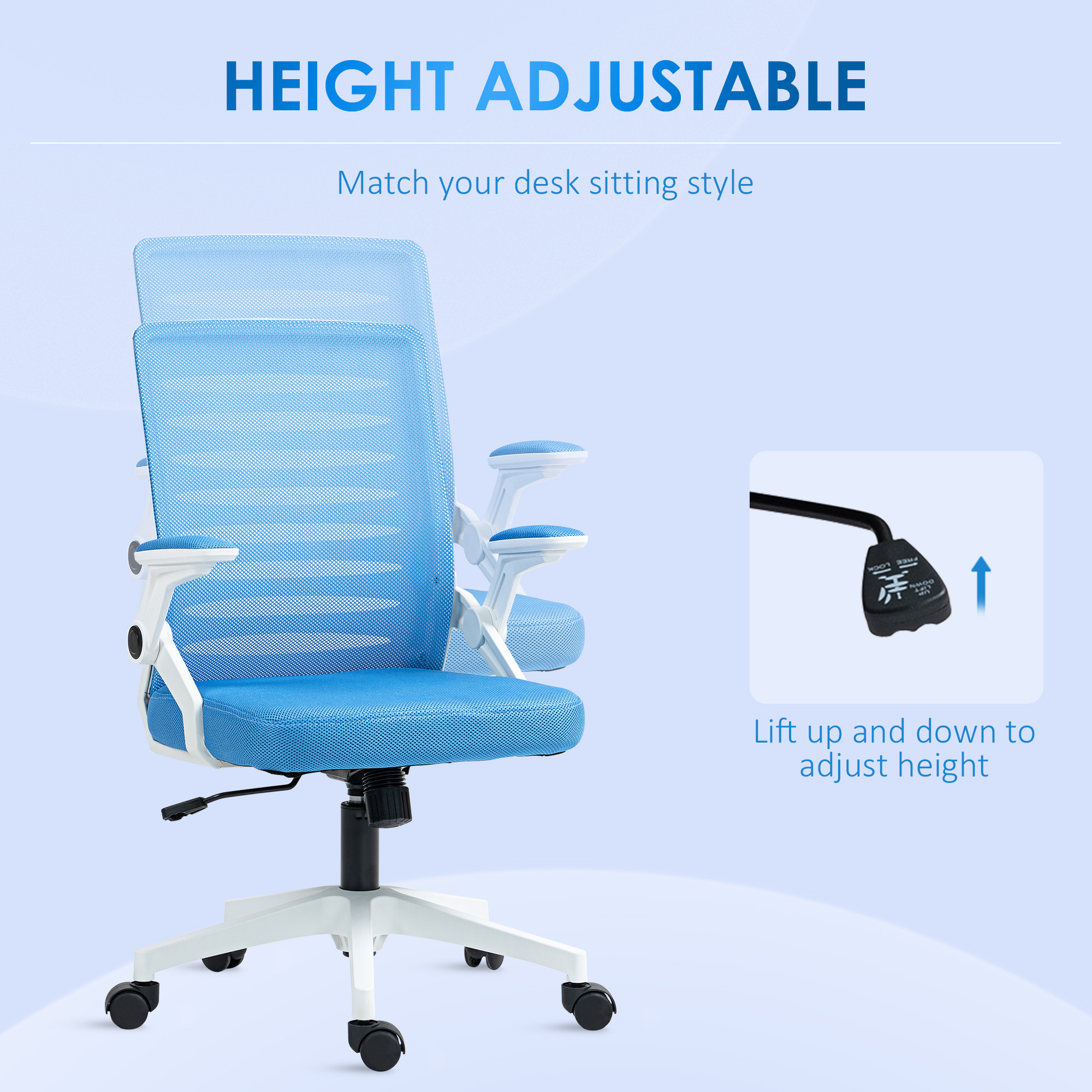  Scaun ergonomic pivotant, reglabil pe inaltime, cu brate, 54x54x89-99 cm, alb si albastru [3]