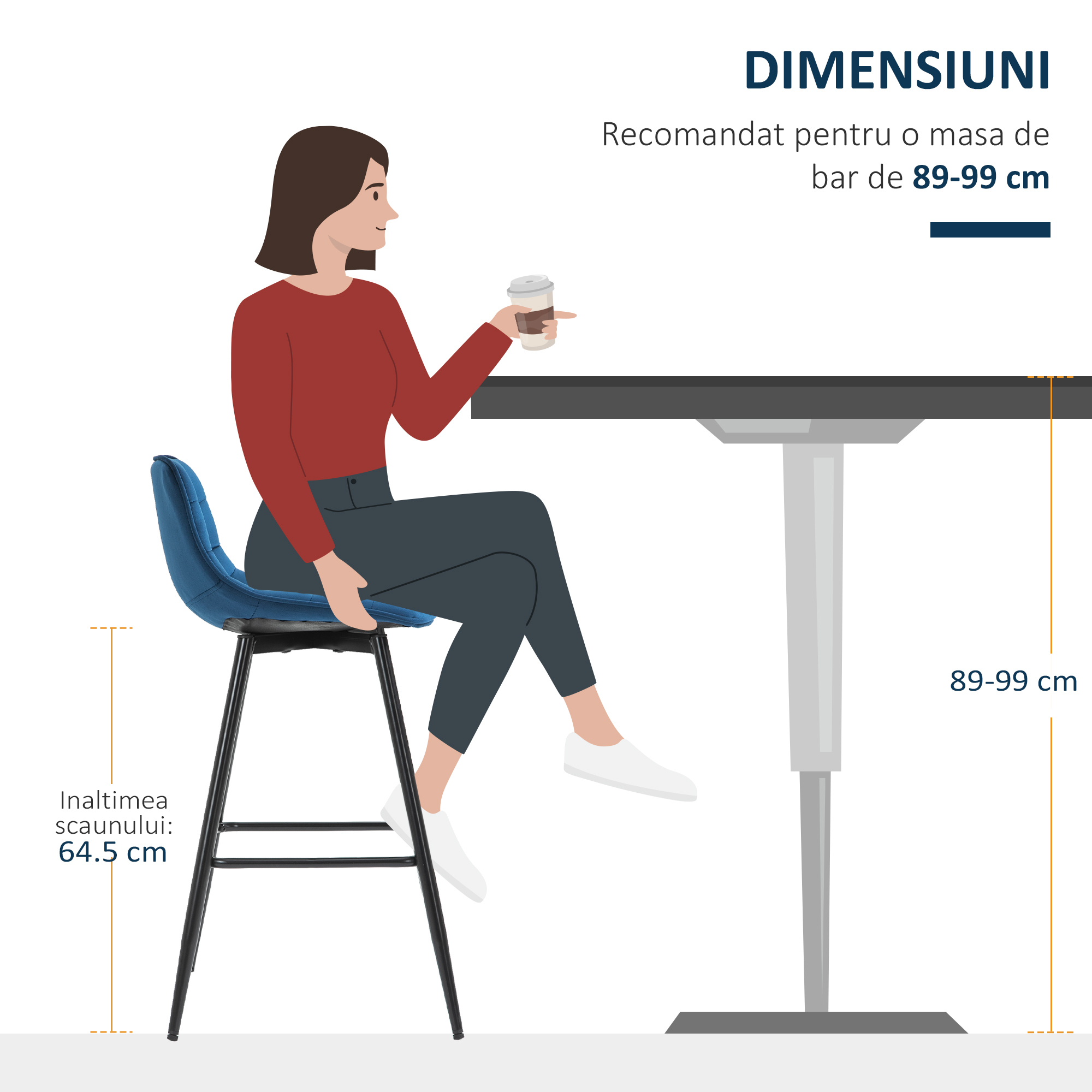  Set 2 Scaune Bar - Nordic, Catifea Albastra & Confort Sporit [6]