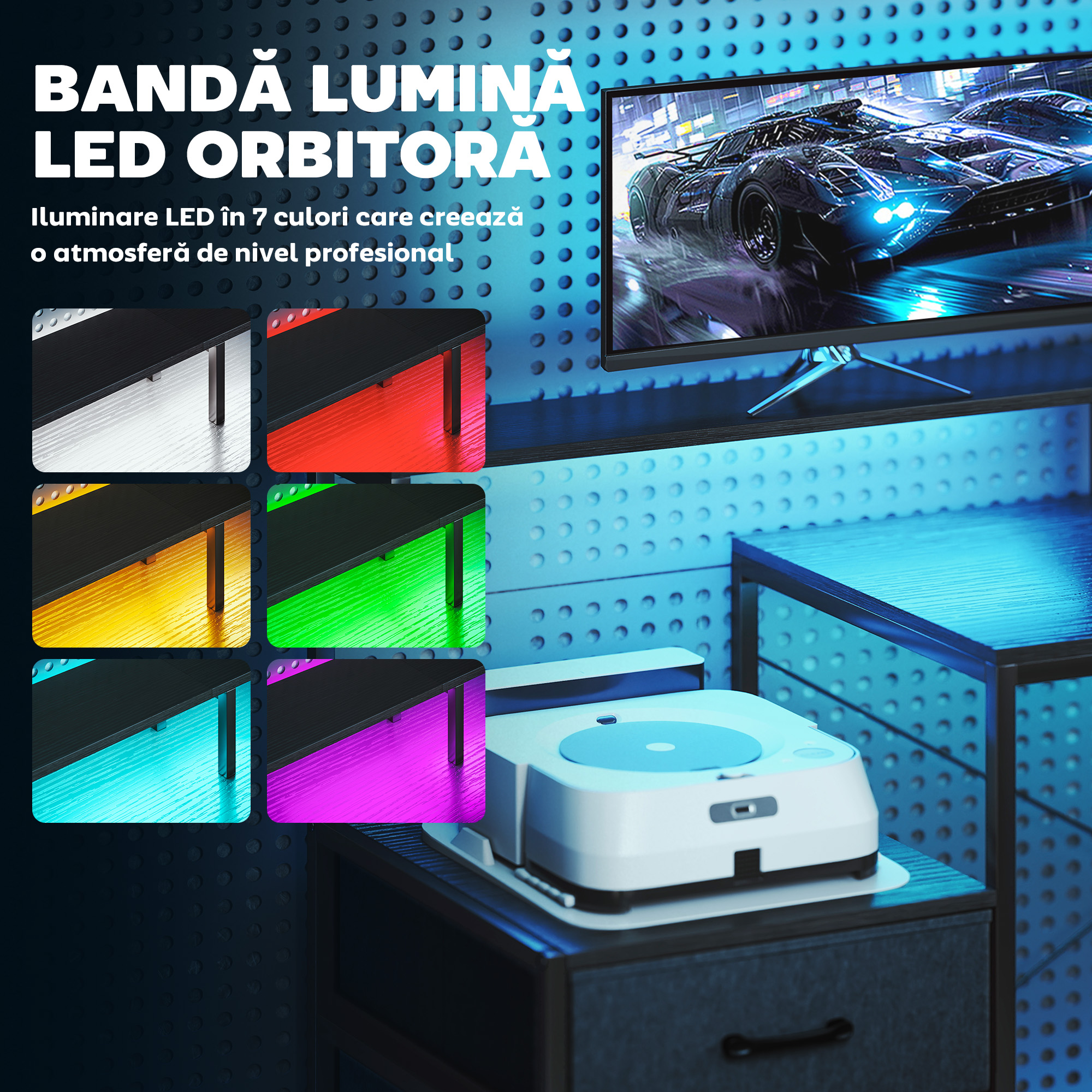  Birou Gaming cu Spatii de Stocare si 2 Suporturi pentru Monitoare, din Lemn si Otel, 165x80x91.5 cm, Negru [3]