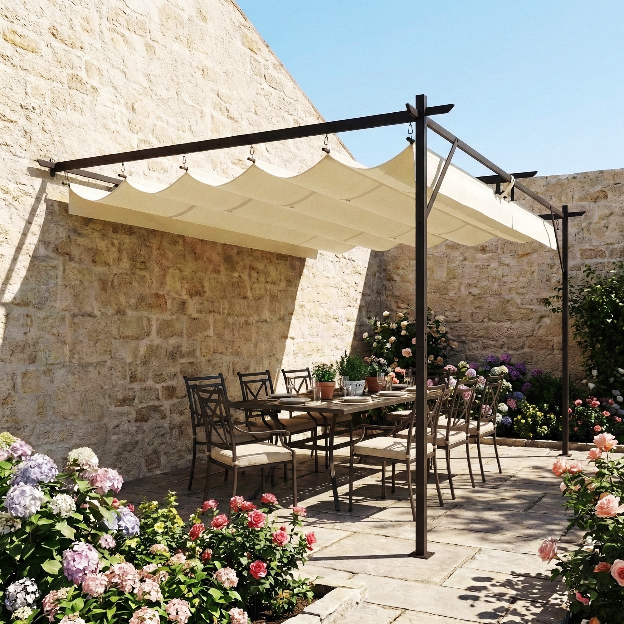  Pergola Gazebo Montata pe Perete 3x4 m cu Acoperis Retractabil, Orificii de Drenaj, Pergola de Gradina din Poliester si Otel, pentru Terasa, Patio, Exterior, UV30+, Crem [8]