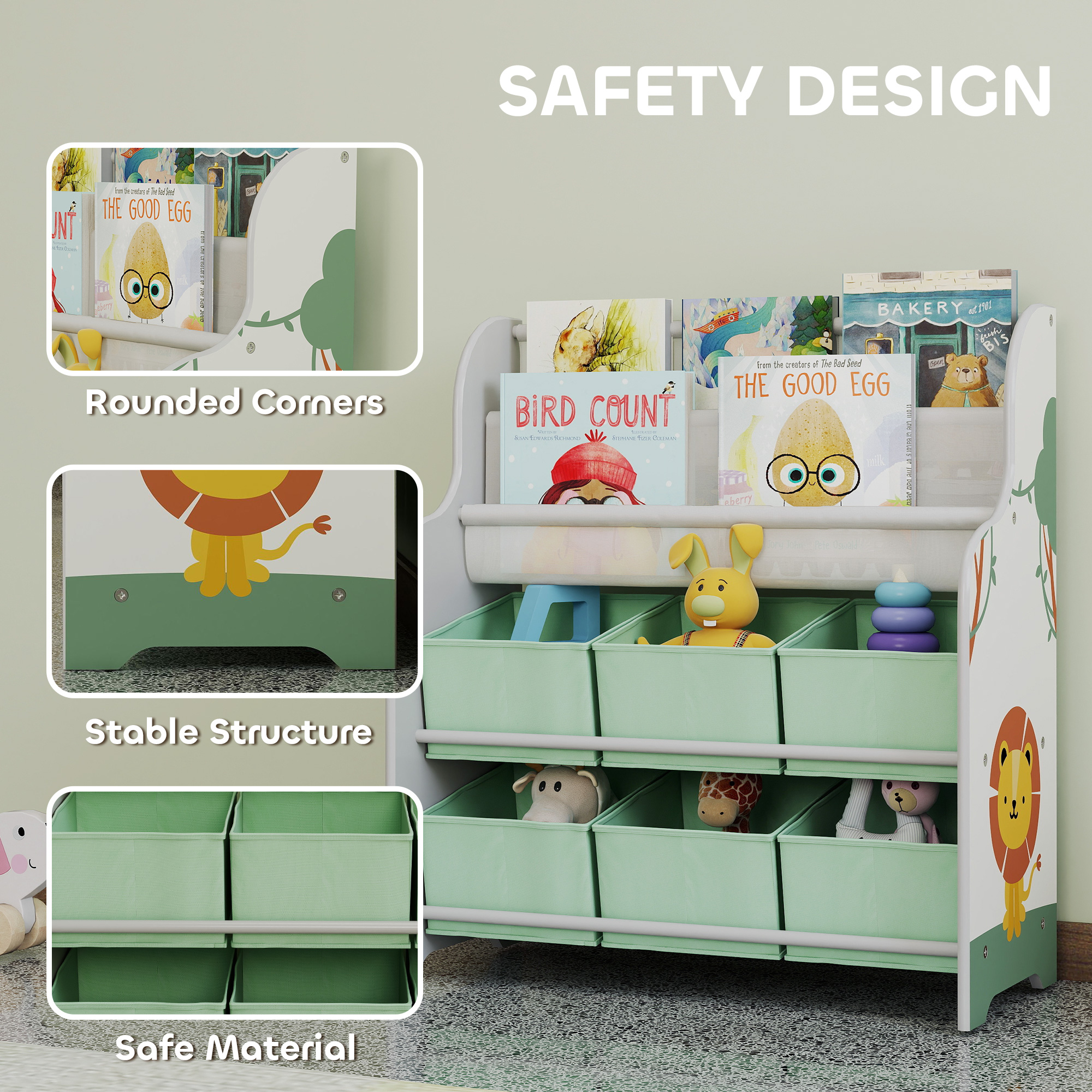  Raft Suport pentru Jucarii cu 6 Sertare si Biblioteca cu 2 Niveluri Verde [4]
