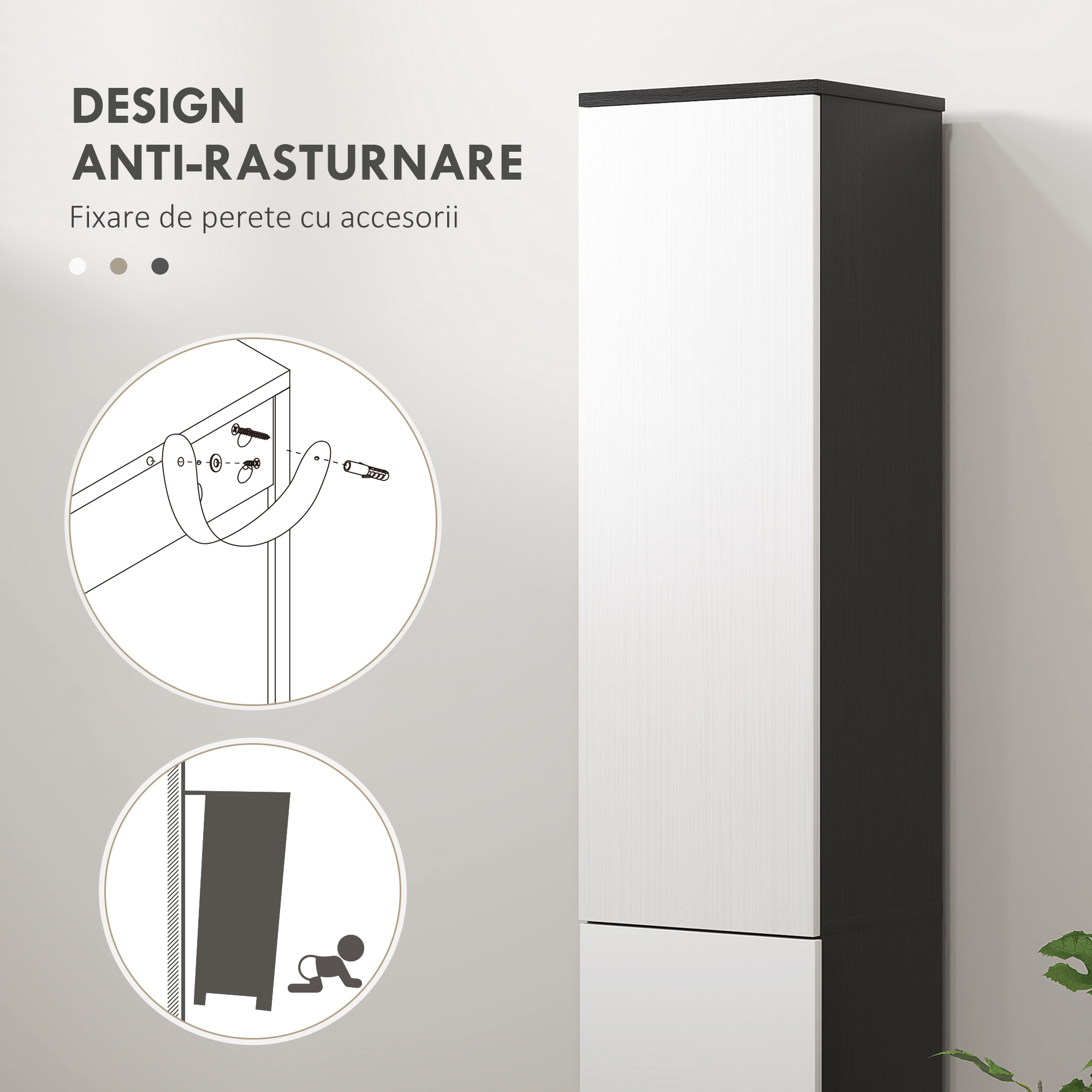  Coloana de baie economisitoare de spatiu din lemn cu 2 dulapuri si sertar, 30x28x180 cm, negru [5]