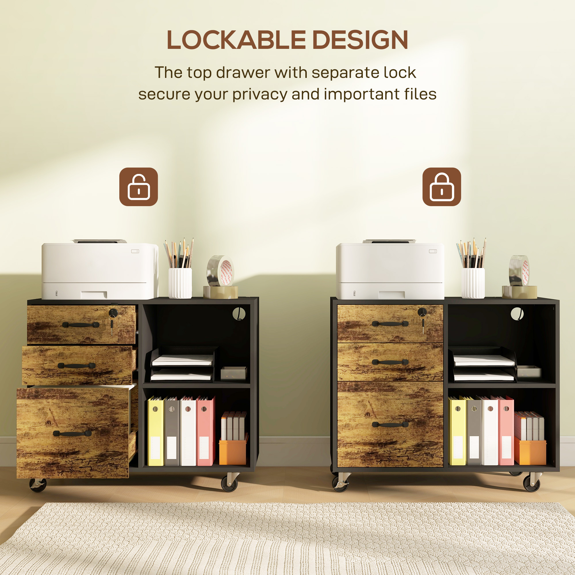  Dulap Imprimanta Mobil - MDF cu 3 Sertare, 2 Rafturi & Roti [5]