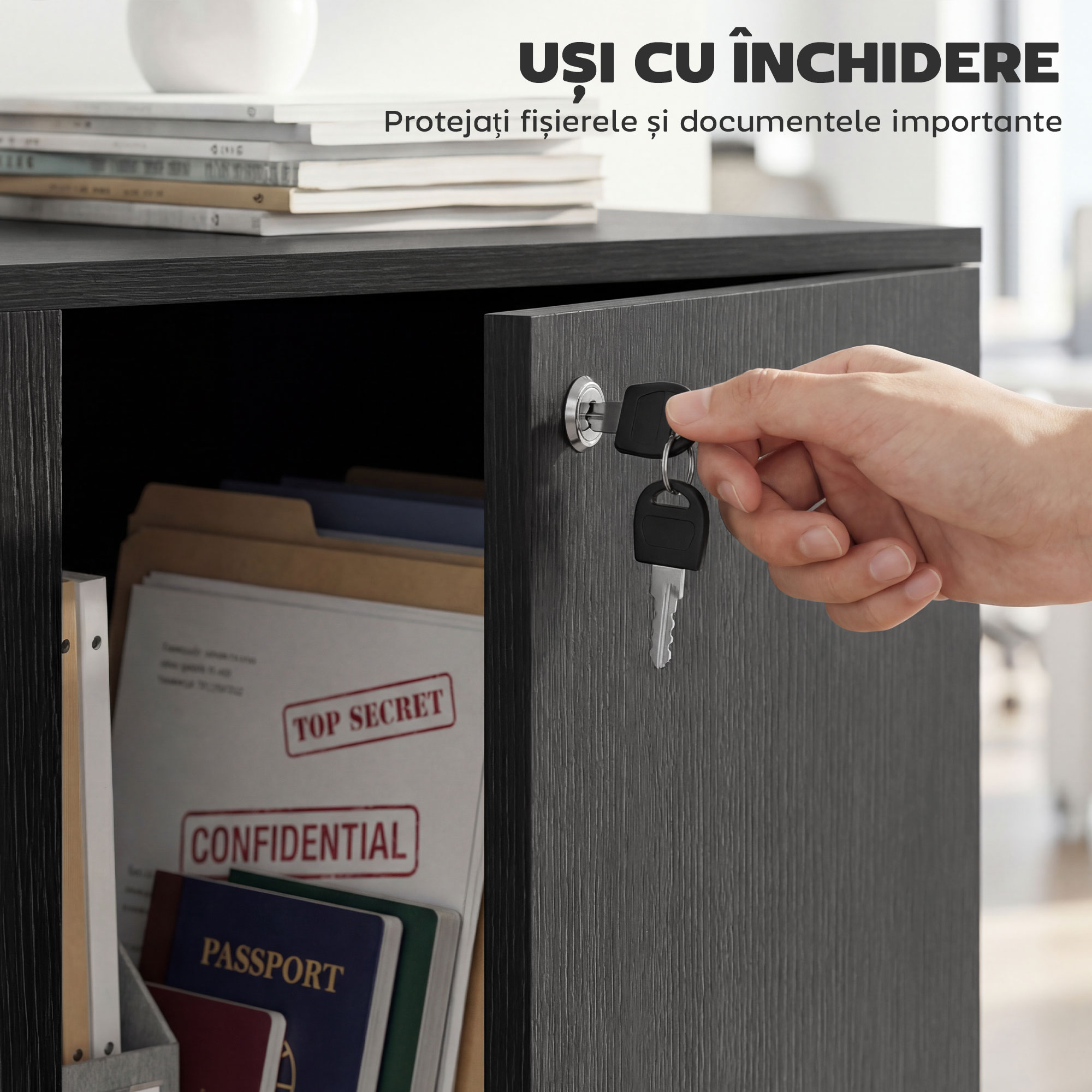  Dulap de Birou pentru Documente Multifunctional cu incuietoare, 2 Usi si Raft Interior, 80x40x80 cm, Negru [4]