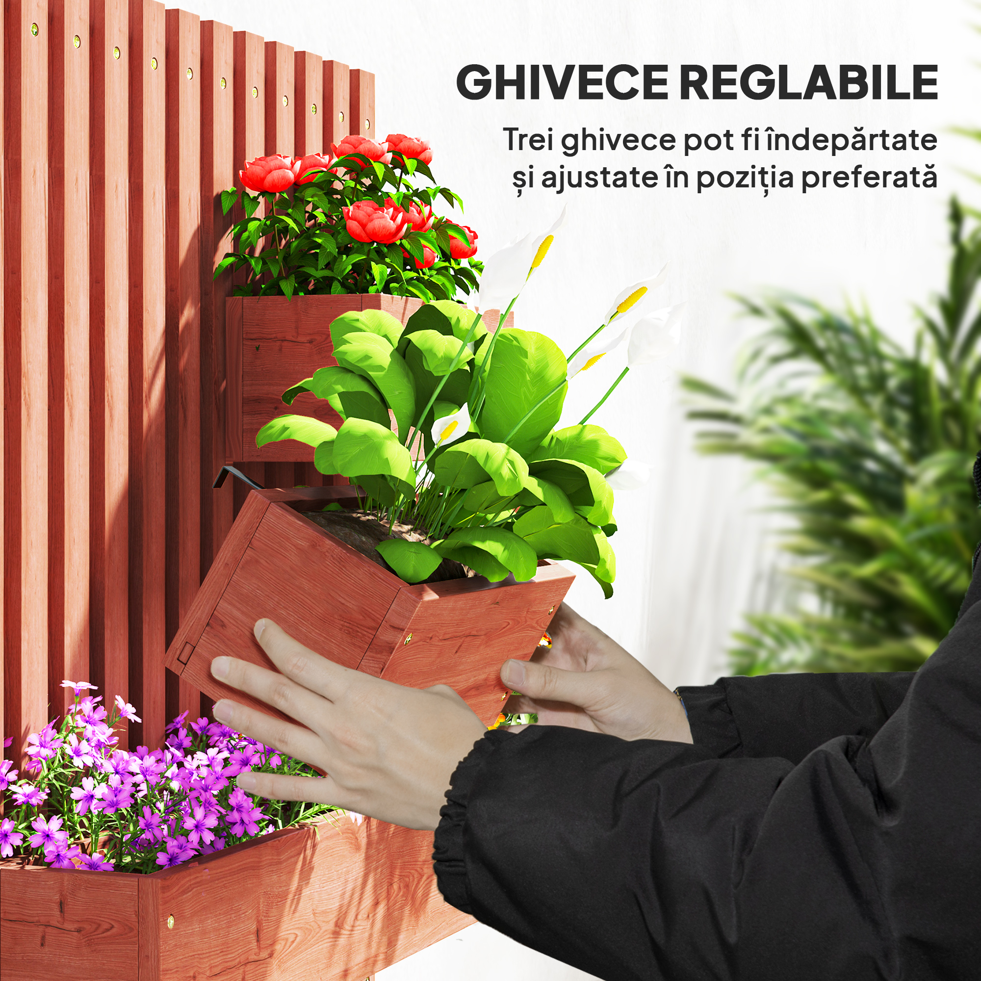  Jardiniera Verticala cu sipci si 3 Vase Detasabile, in Lemn de Brad, 60x16x80 cm, Maro [4]