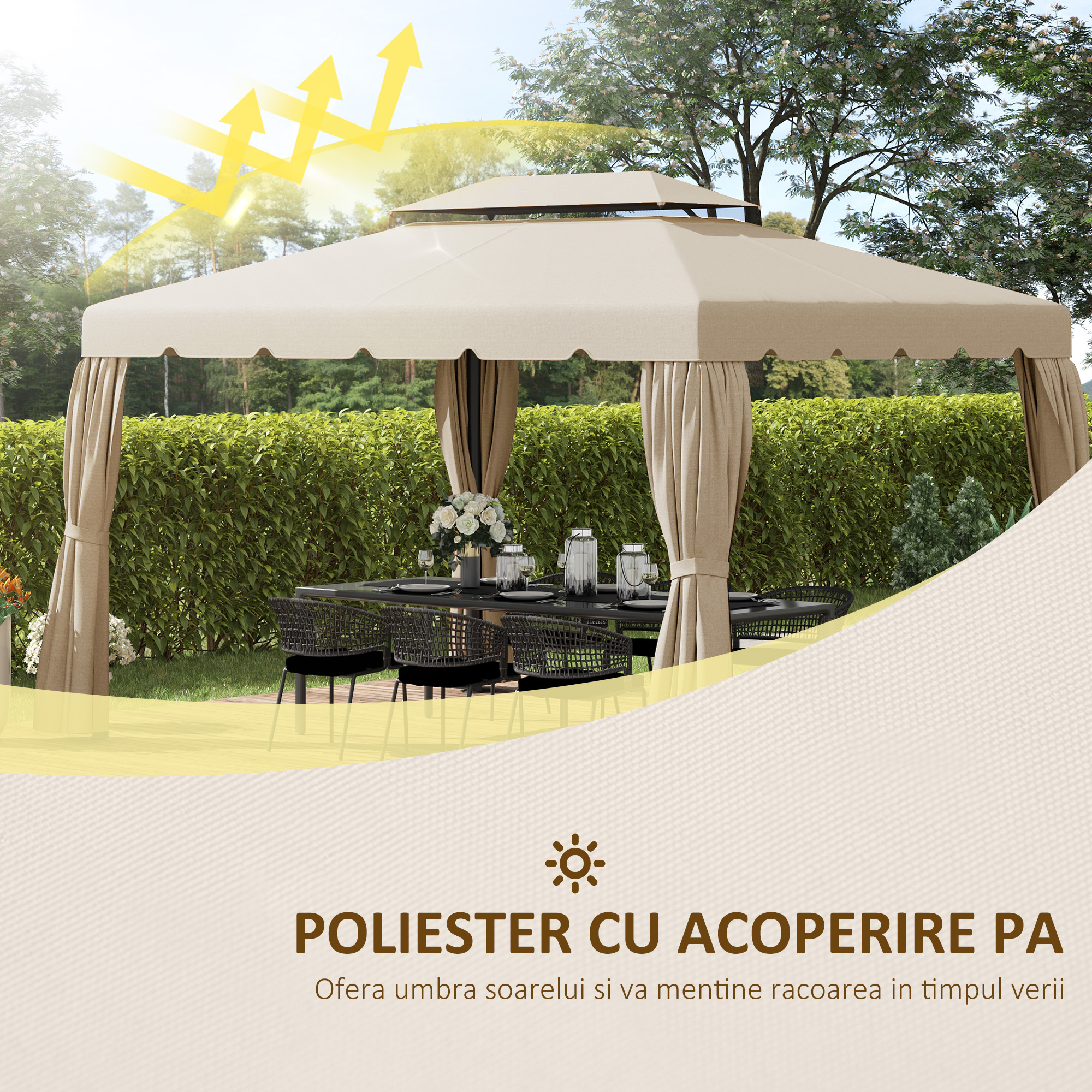  Copertina de schimb pentru foisor de gradina cu acoperis cu 2 niveluri, capac din poliester pentru foisor de 3x4m, bej [3]