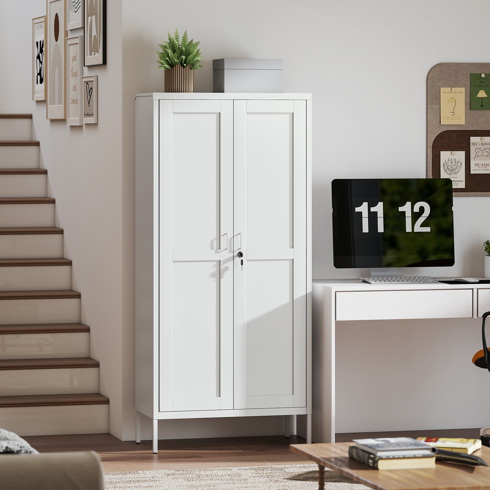  Dulap pentru Birou din Otel cu 3 Rafturi Reglabile, cu incuietoare si 2 Chei, 80x40x175 cm, Alb [1]