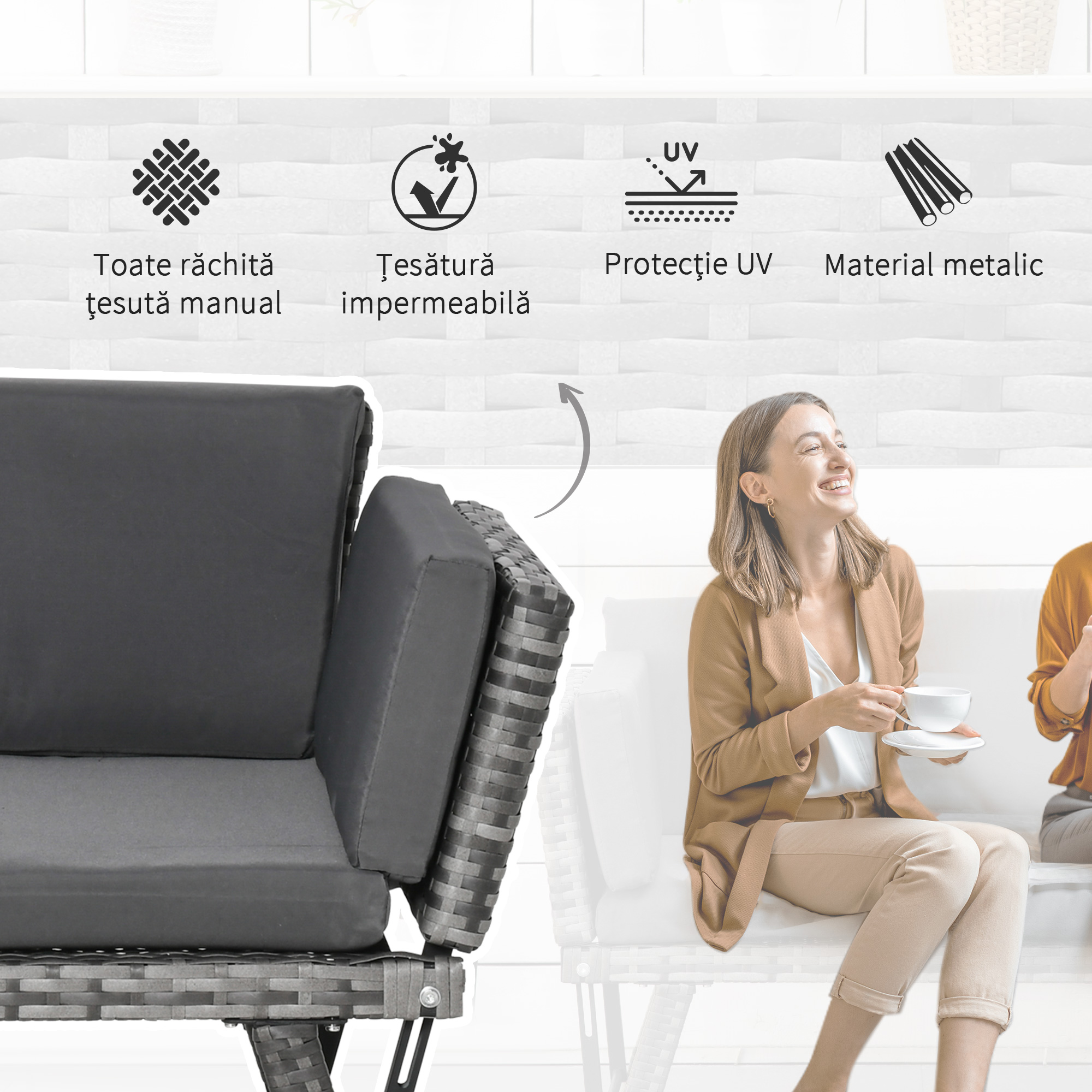  Canapea de Gradina din Ratan si Otel, Canapea cu 2 Locuri si Cotiere Rabatabile, 129x63x67 cm, Gri [4]