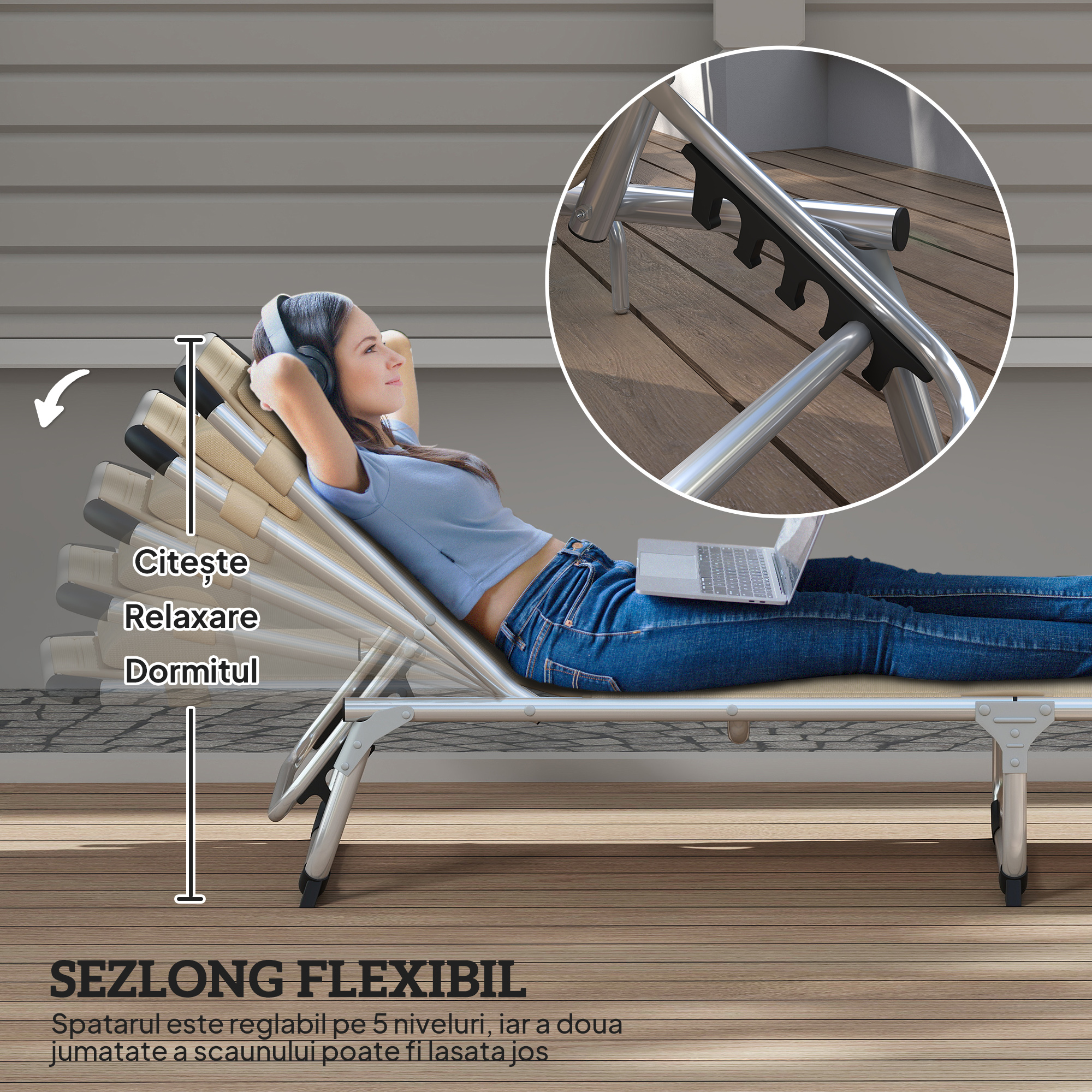  sezlong de plaja, Pliabil cu suport pentru cap, spatar reglabil, aluminiu si textilene, bej [3]