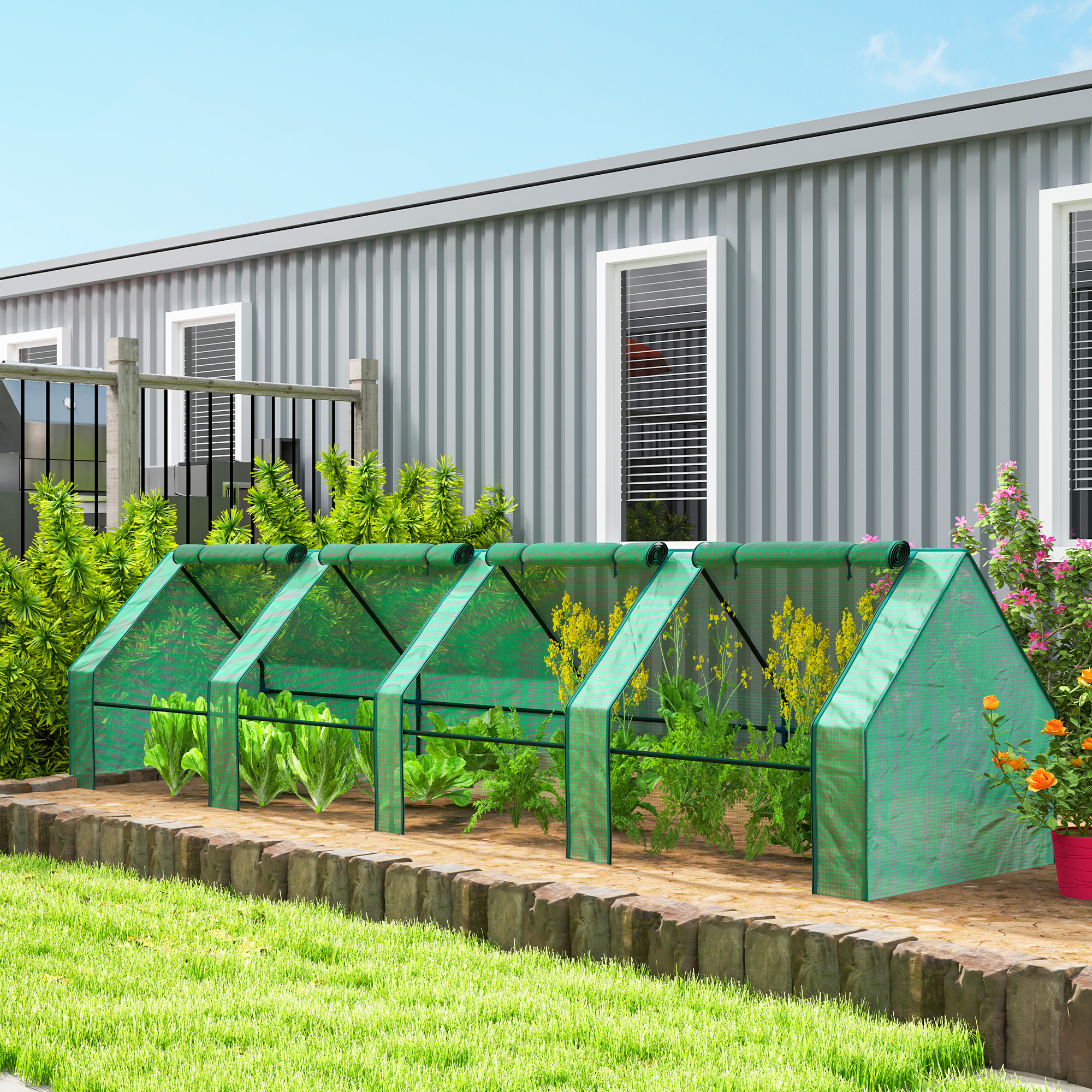  Mini Sera de Gradina cu 4 Usi Rulabile si Acoperire Extinsa, din Otel si PE, 360x90x90 cm, Verde [1]