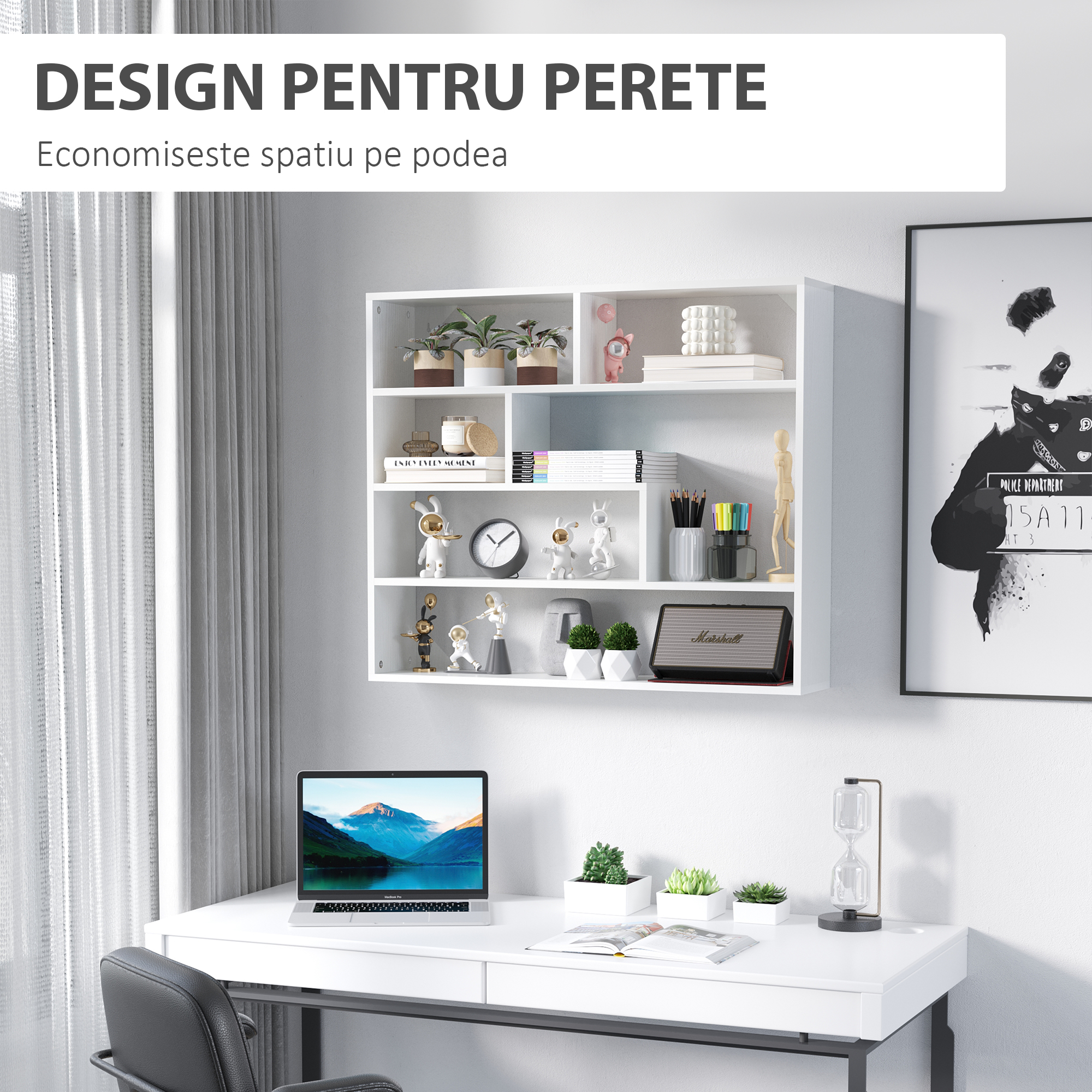  Biblioteca moderna de perete cu 4 niveluri , raft din lemn care economiseste spatiu pentru living si birou, 94x19,5x80cm, alb [4]