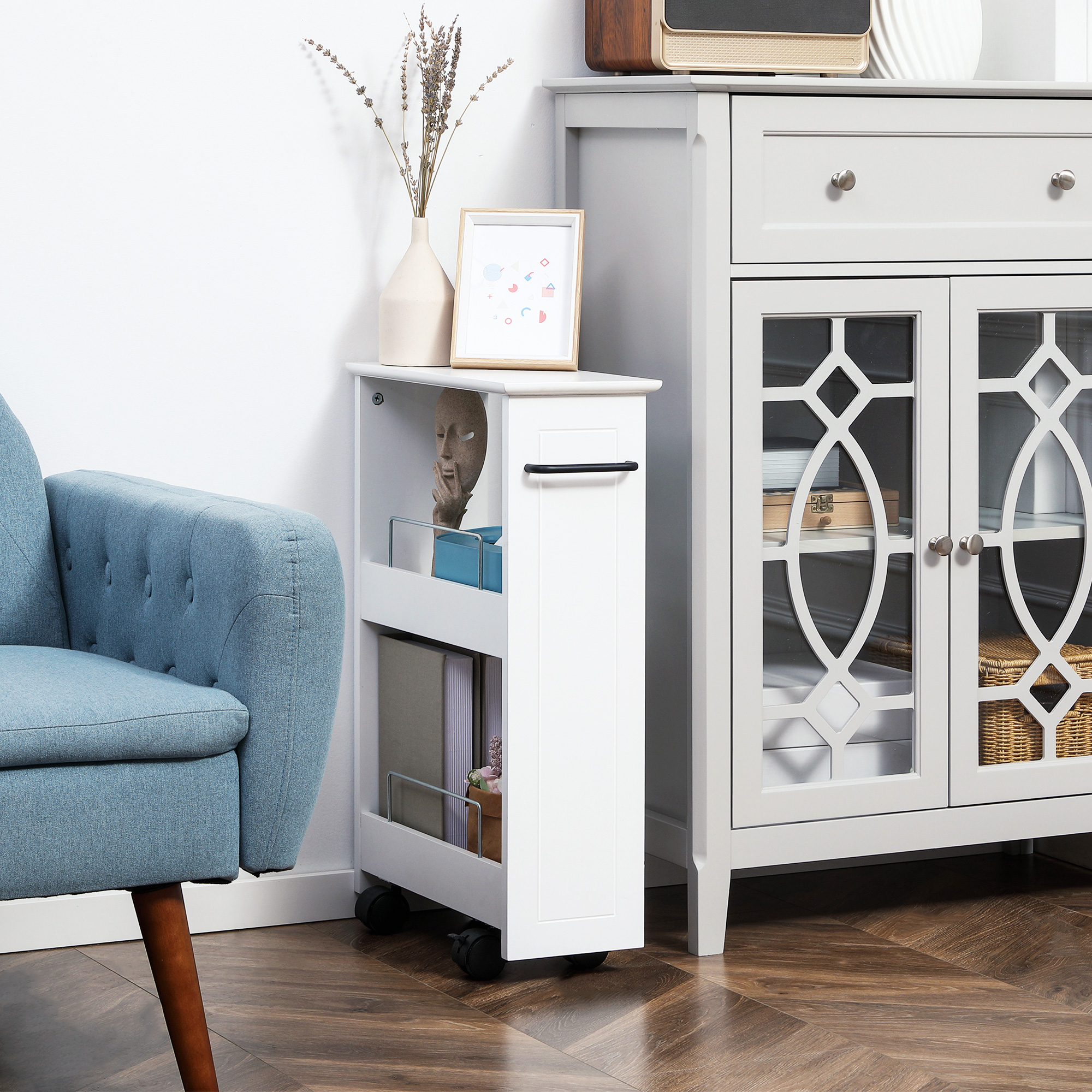  Carucior multifunctional pentru economisirea spatiului pentru baie si bucatarie, carucior din lemn MDF cu roti pivotante si maner, 42,5x20,3x66,7cm, alb [1]