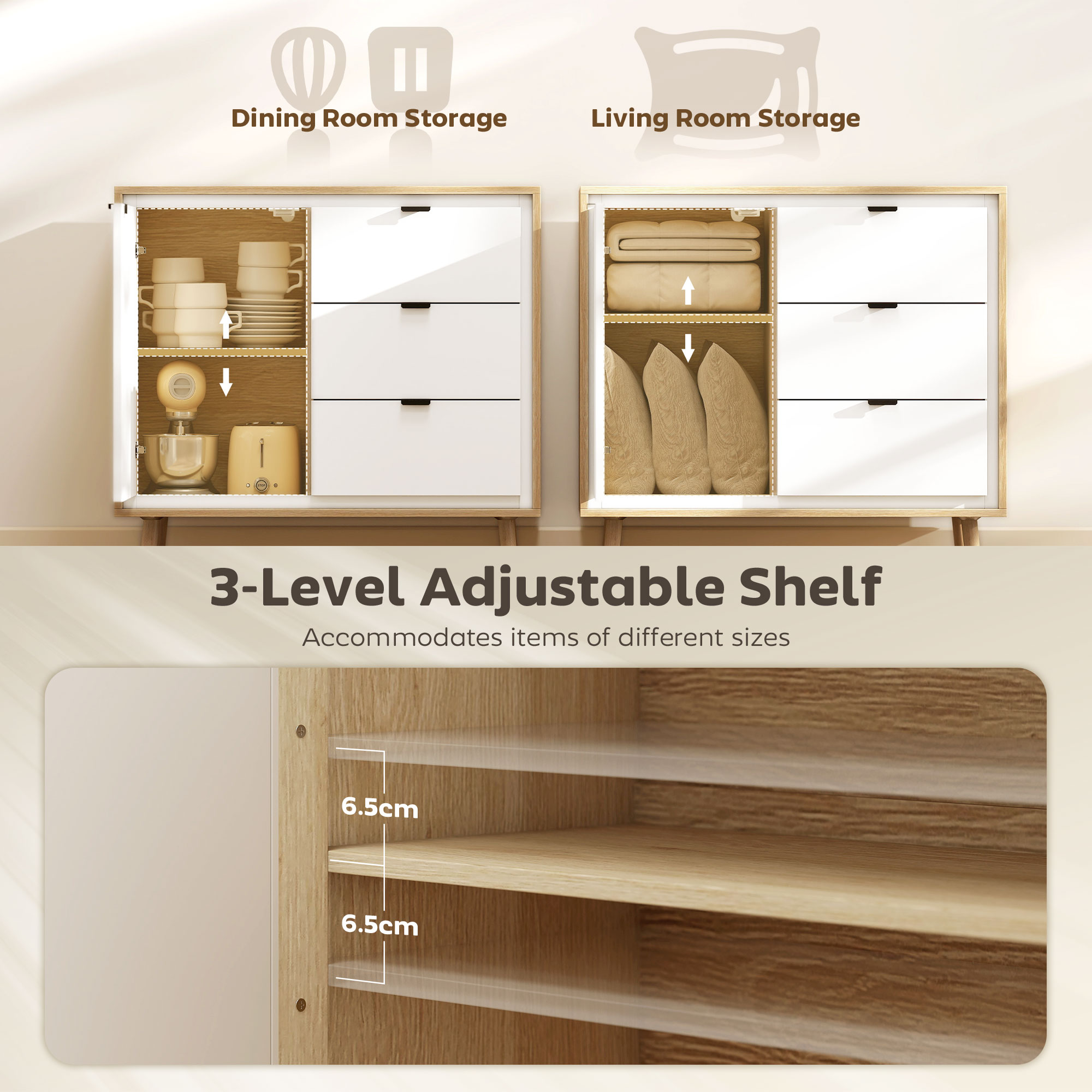  Credenta de bucatarie cu 3 sertare si dulap Alb lucios si stejar [5]