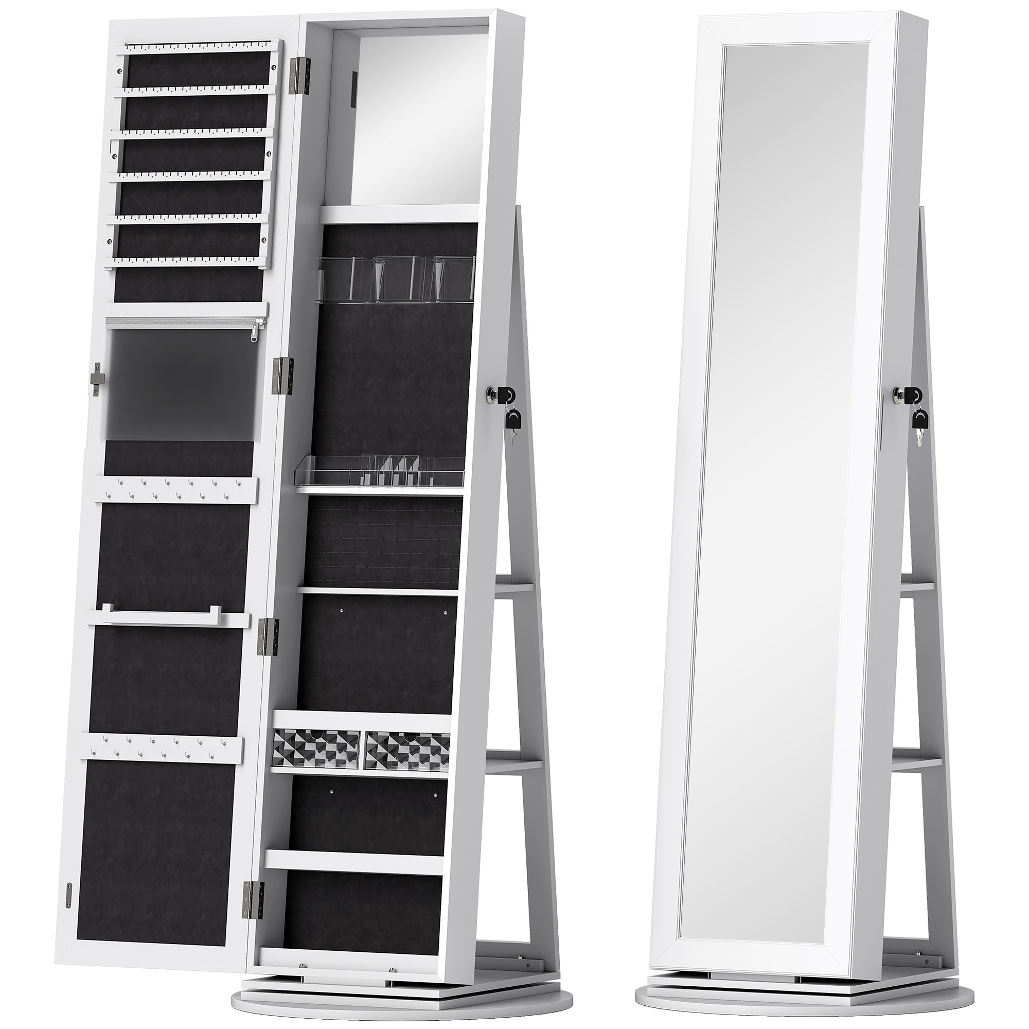 Dormitor & birou -  Dulap pentru Bijuterii 3 in 1 Rotativ la 360°, Rafturi din Spate si Usa cu Cheie, 55x55x161 cm, Alb