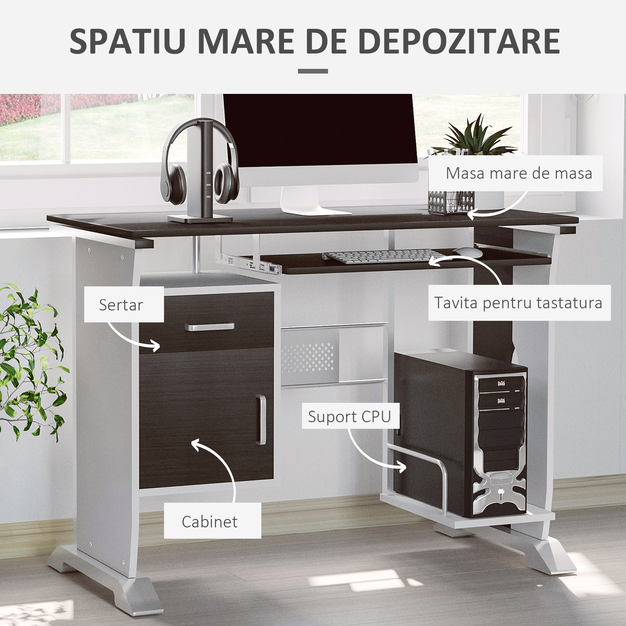  Birou pentru PC cu Sertare in Lemn, 100x52x75cm, Maro [3]