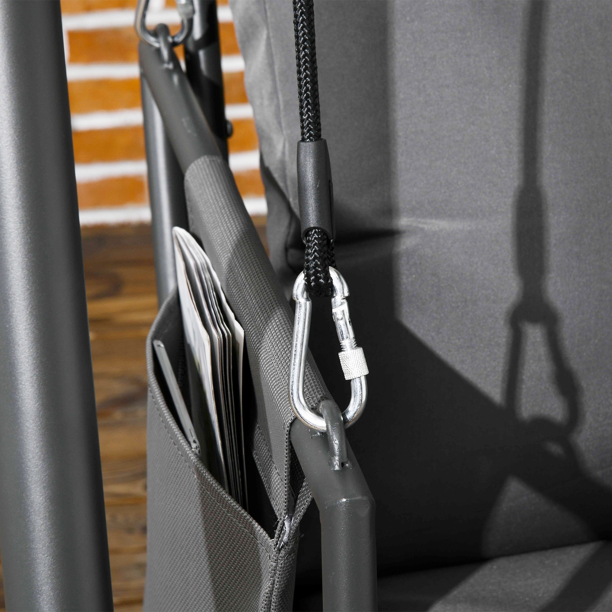  Leagan de Gradina cu 2 Locuri, Perne si Buzunare, Balansoar Exterior din Otel si Textile, 168x117x181 cm, Gri inchis [8]