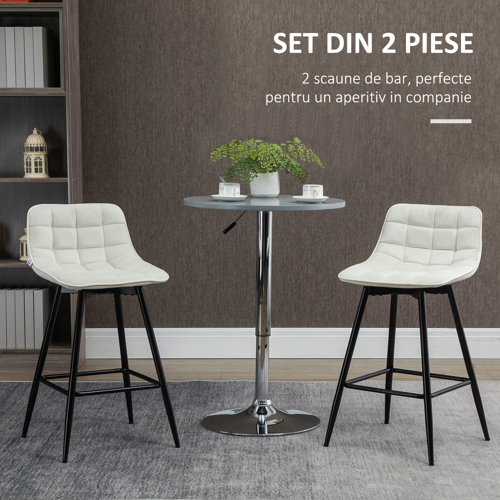  Set de 2 scaune de bar cu spatar si suport pentru picioare, scaune inalte tapitate in stil nordic din metal si catifea, alb-crem, 45x47x84 cm [3]