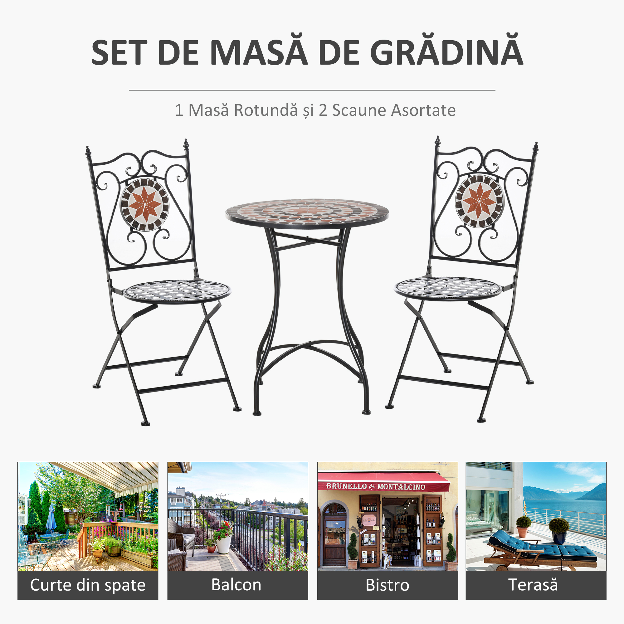  Mobilier Gradina 3 Piese - 2 Scaune & Masa Mozaic Metalica [5]