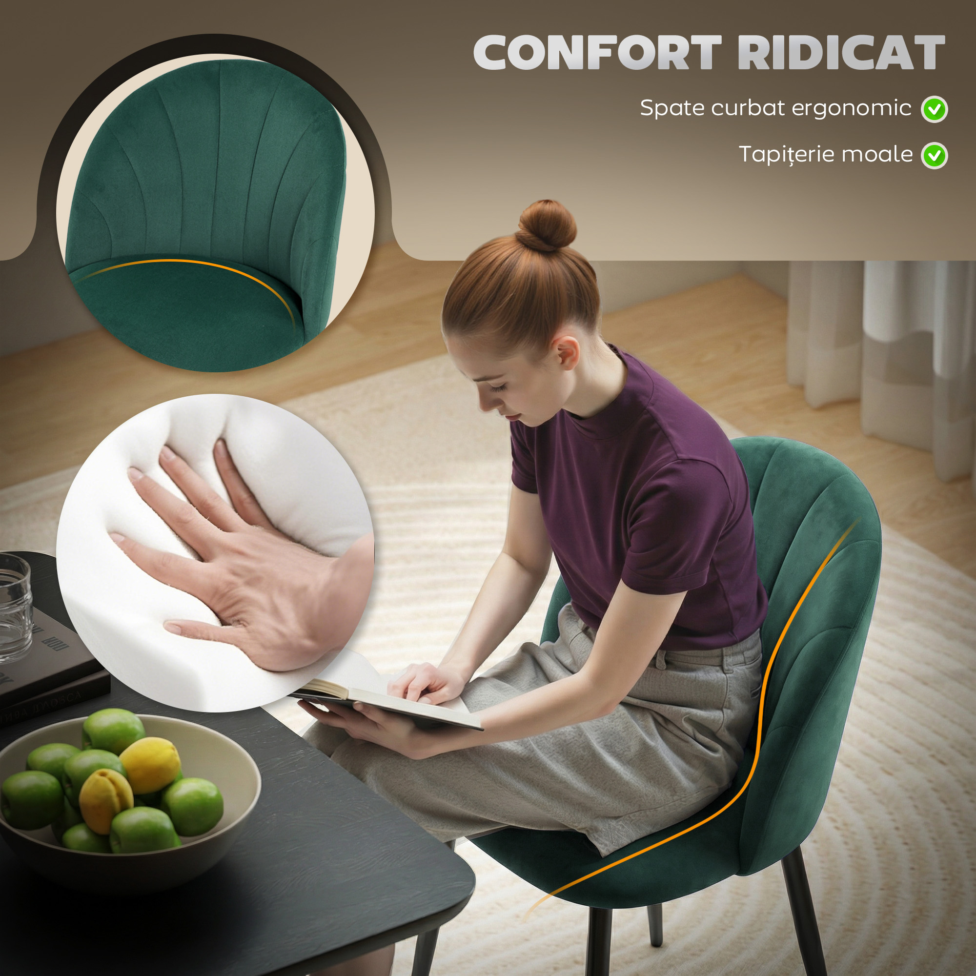  Set de 2 Scaune de Dining din Catifea, Scaune de Bucatarie cu Spatar Curbat in Forma de Scoica, Picioare din Otel, Stil Nordic, Scaun Tapitat pentru Bucatarie, Dormitor, Sufragerie, Verde inchis [5]