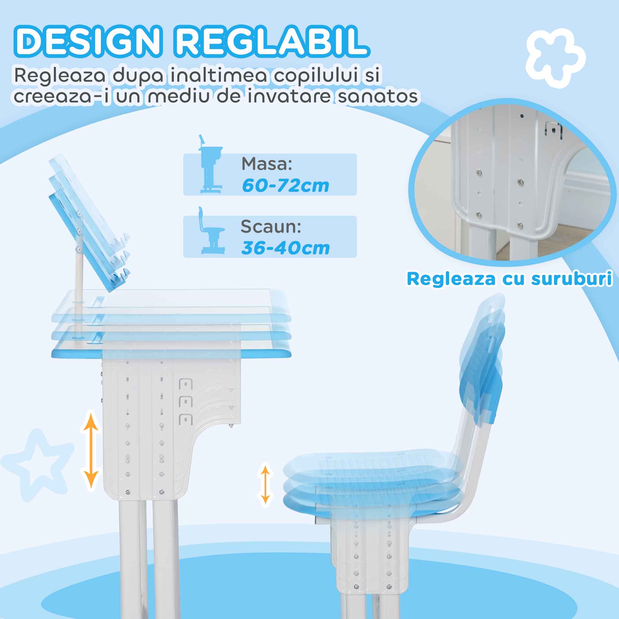  Banca pentru Copii 6-12 Ani, cu inaltime Reglabila, Suport pentru Carti si Raft, 60x45x90-102 cm, Albastru [5]