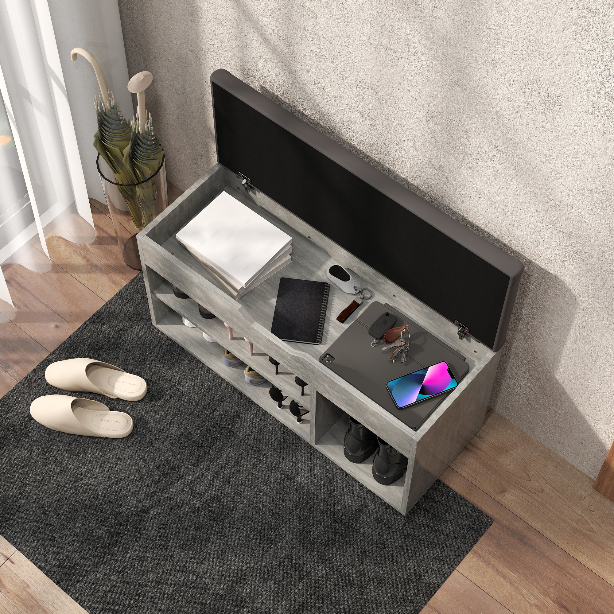  Banca pentru incaltaminte cu 3 Rafturi Deschise, Spatiu Ascuns si Perna Capitonata, 80x30x45 cm, Gri [7]