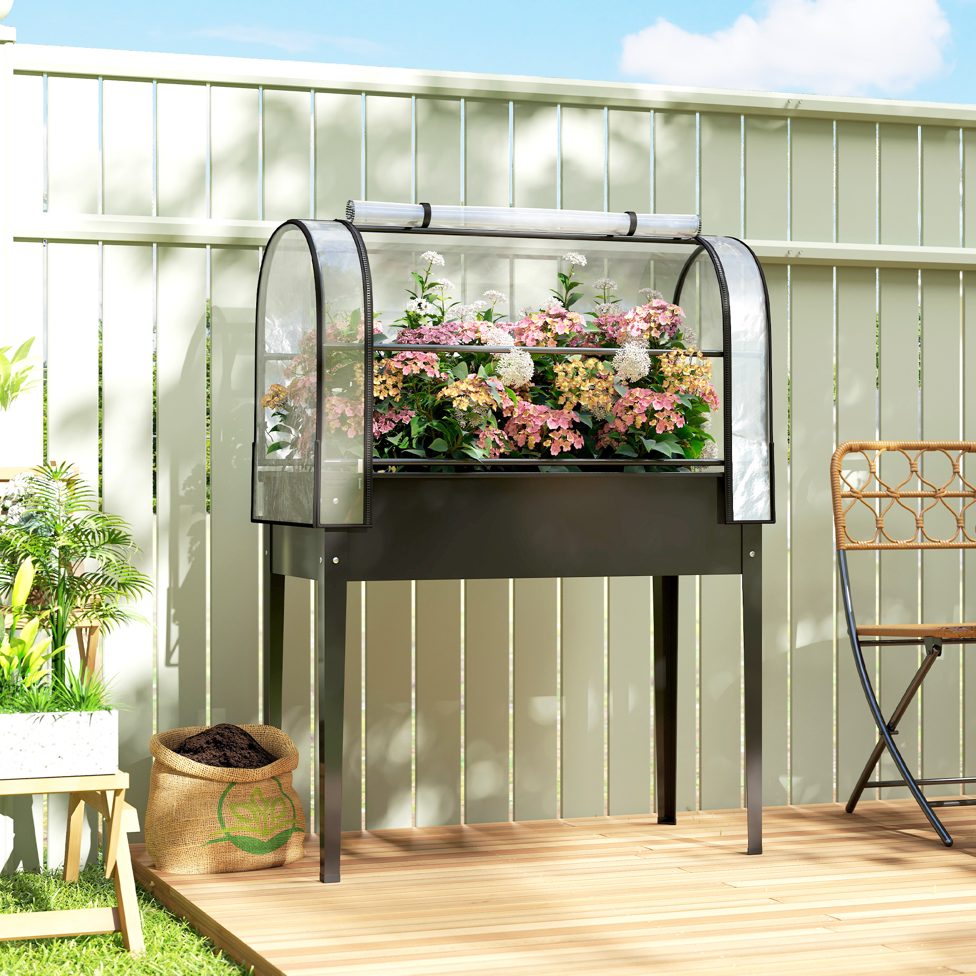  Jardiniera Ridicata cu Mini Sera si Orificiu de Drenare, 100x49x136 cm, Negru [1]
