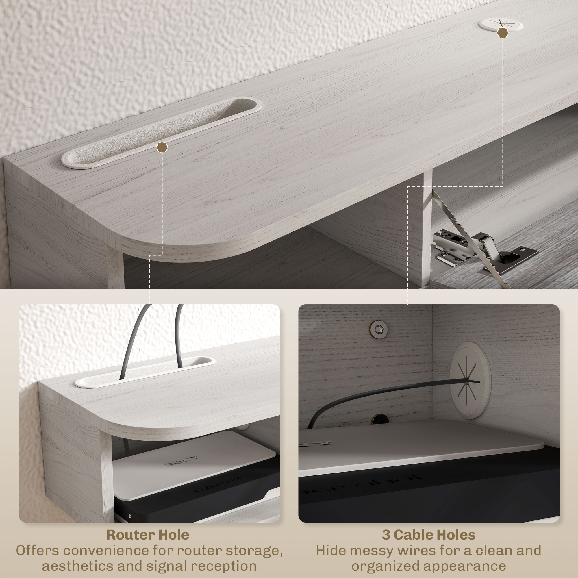  Dulap TV Suspendat din Lemn cu 2 Rafturi Deschise si Dulap, 120x26x16 cm, Alb si Gri [6]