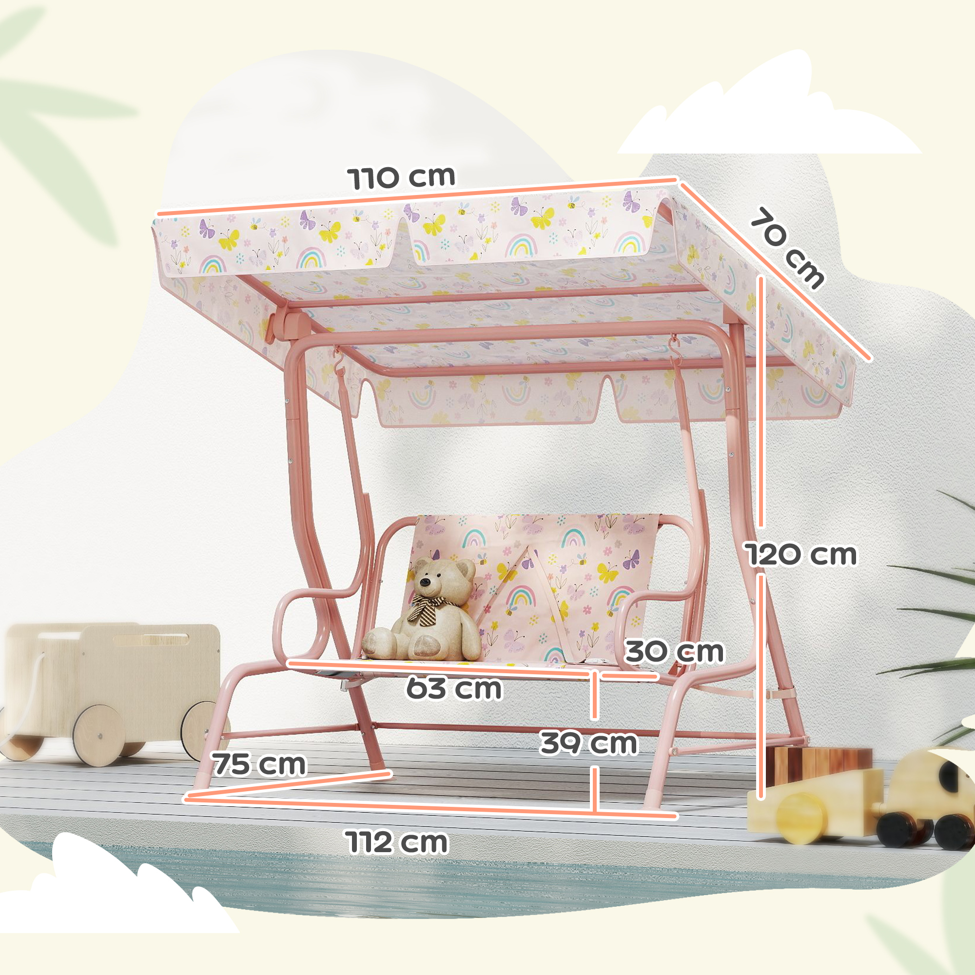  Leagan pentru Copii cu Copertina Reglabila si Centura de Siguranta, 120x112x75 cm, Roz [2]