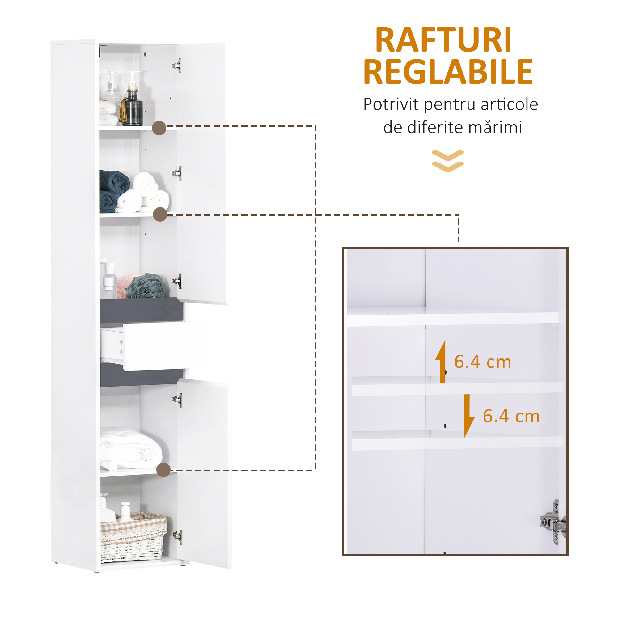  Mobilier baie tip coloana, 2 dulapuri + sertar central, alb, rafturi reglabile 35×31×172 cm [5]