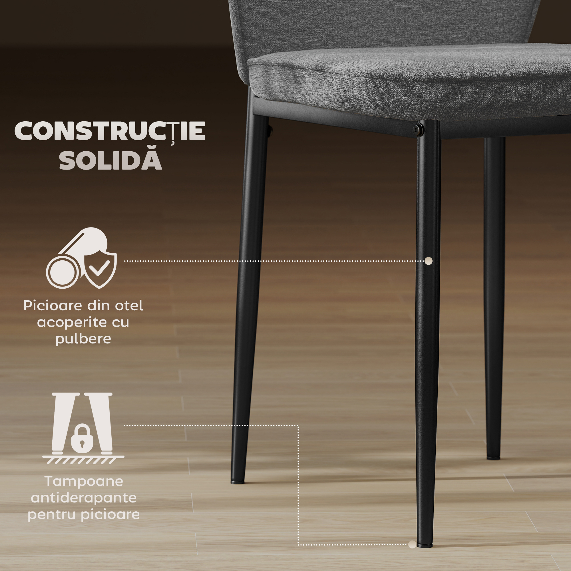 Set  2 Scaune de Luat Masa Tapitate in Catifea cu Spatar Ergonomic Fara Brate, Gri [5]