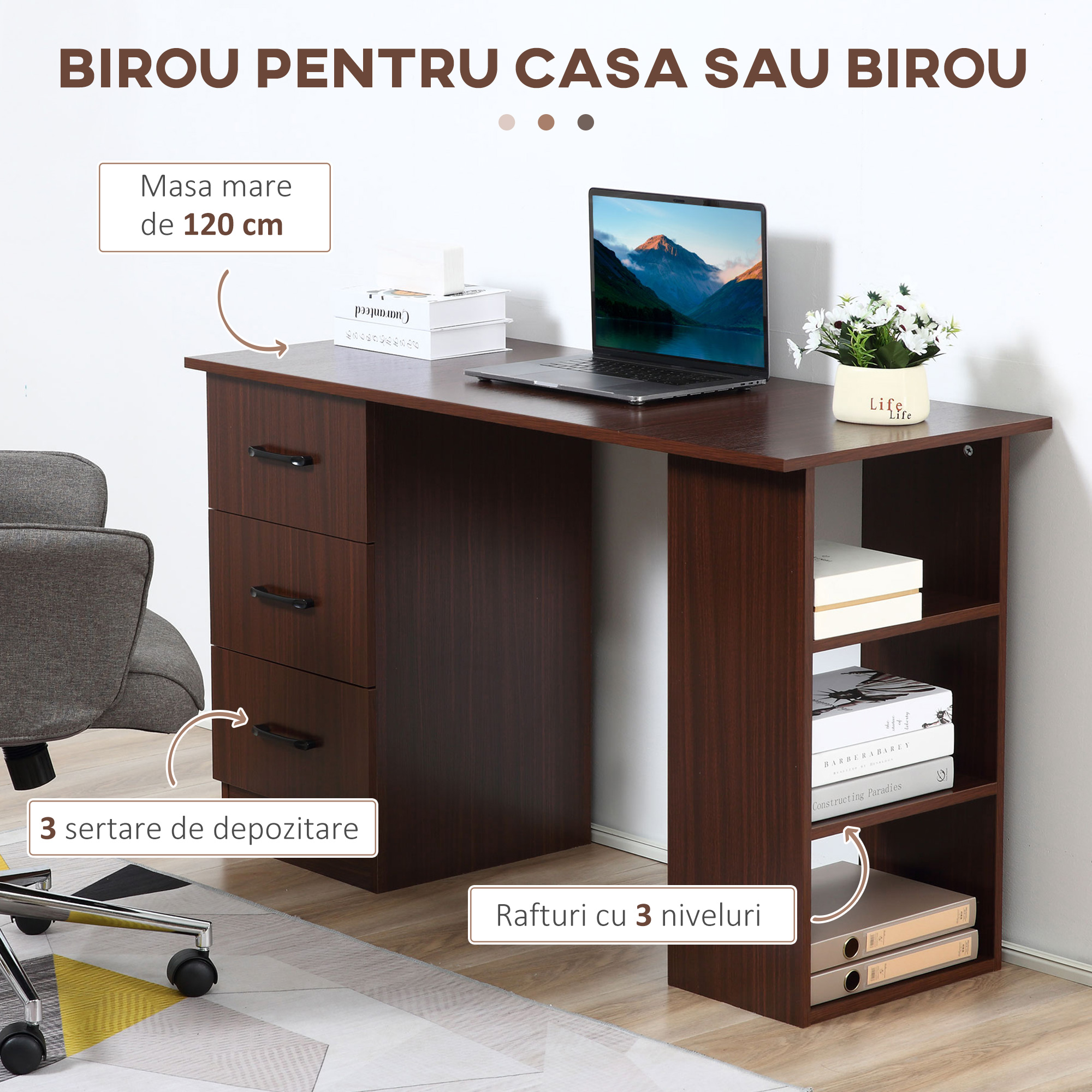  Birou Lemn Nuc - Cu 3 Sertare & 3 Rafturi Reversibile, 120 cm [3]