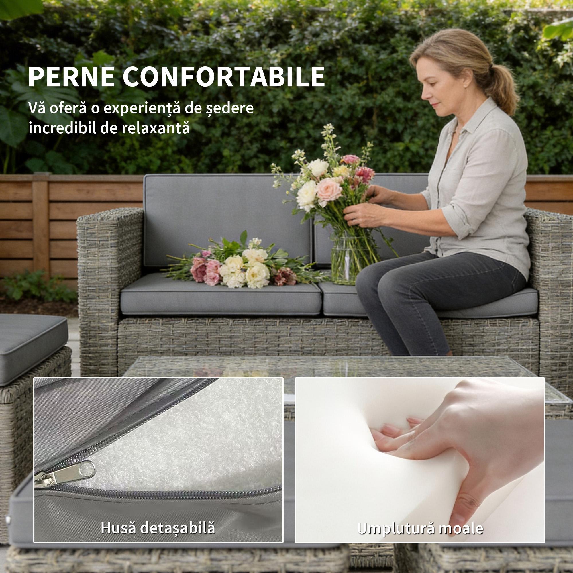  Set Exterior 6 Piese cu Canapea, 2 Scaune, Masa cu Blat din Sticla si 2 Suporturi pentru Picioare, Gri inchis [6]