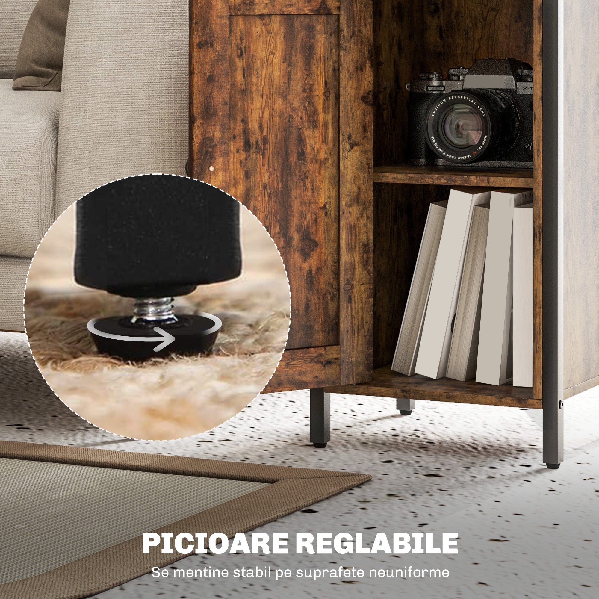  Noptiera in Stil Industrial cu 2 Rafturi Deschise si Raft Interior Reglabil pe 3 Nivele, 34x30x80 cm, Maro Rustic [7]