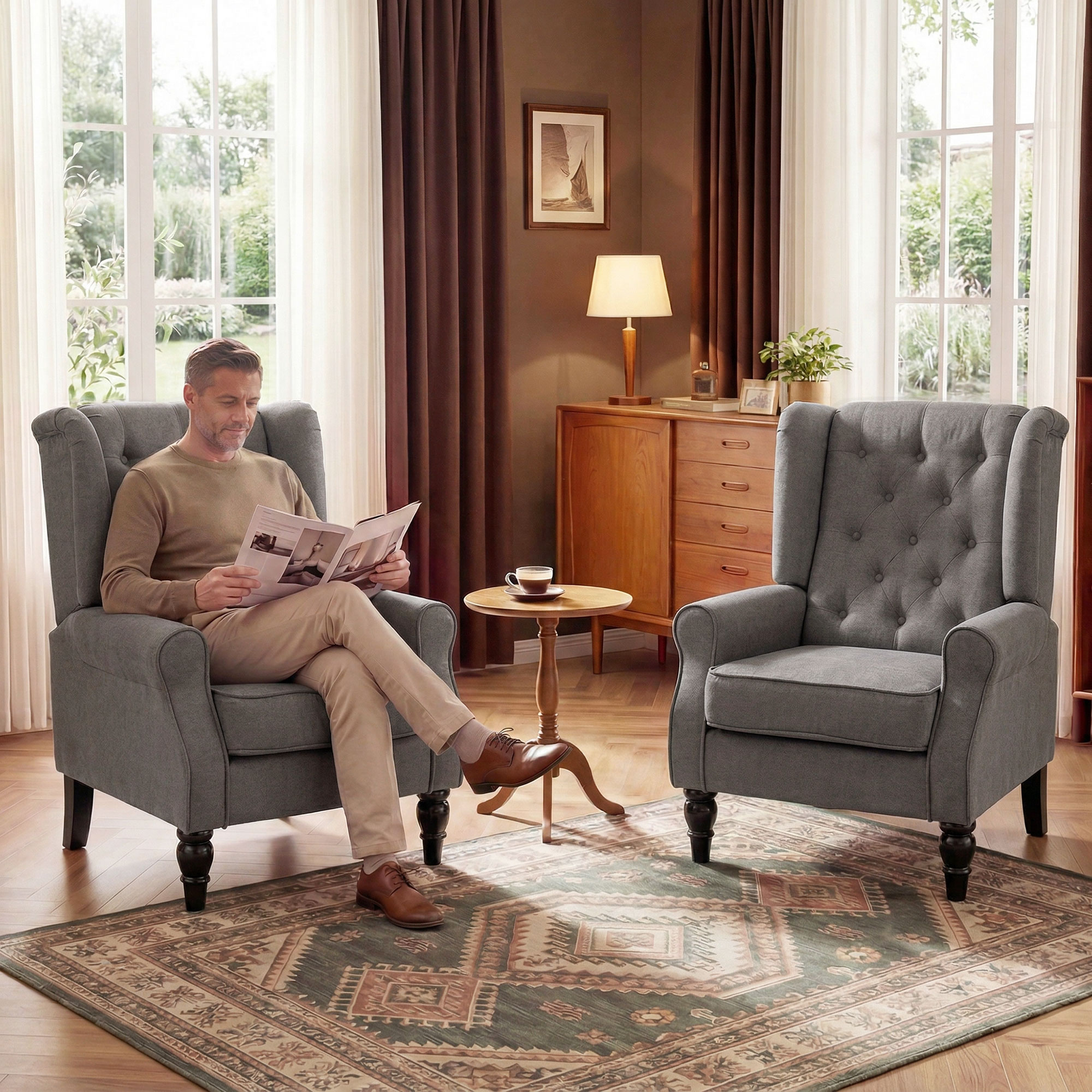  Fotoliu de sufragerie in stil frantuzesc, cu picioare din lemn si perne detasabile, 74x86x102 cm, gri [8]