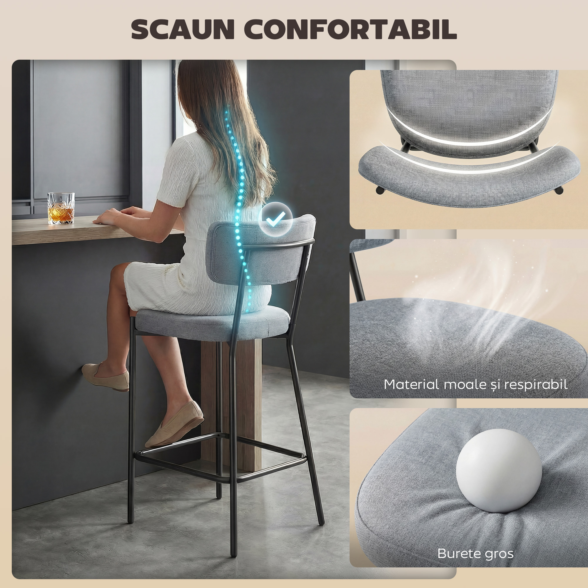  Set de 2 Scaune de Bar cu Spatar si Tapitate, Scaune inalte din material textil cu suport pentru picioare integrat si structura din metal usor de montat, Scaune pentru bucatarie si living, Gri deschi [4]