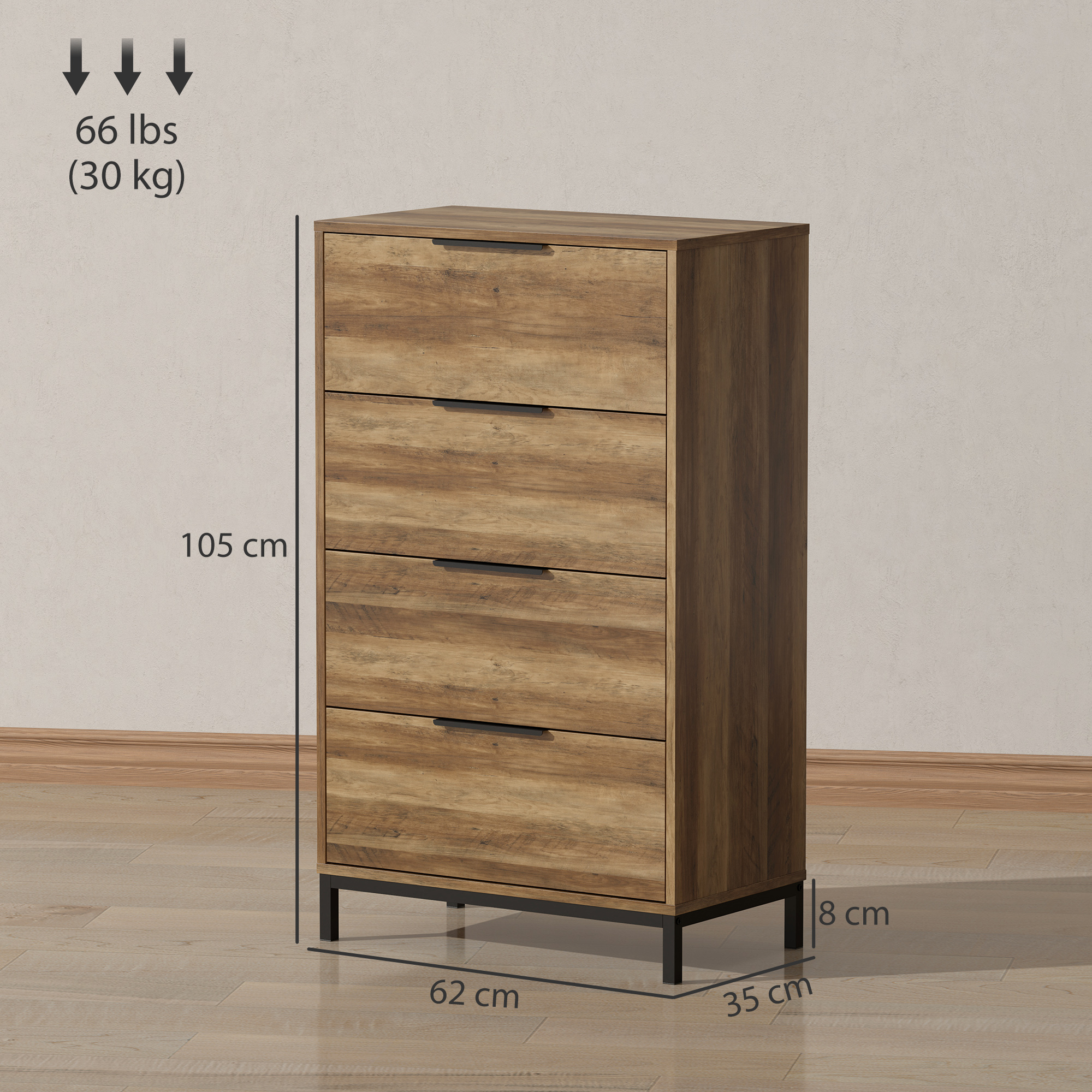  Comoda cu 4 sertare, sistem anti-rasturnare, manere negre, din lemn si metal, 62x35x105 cm, maro deschis [2]
