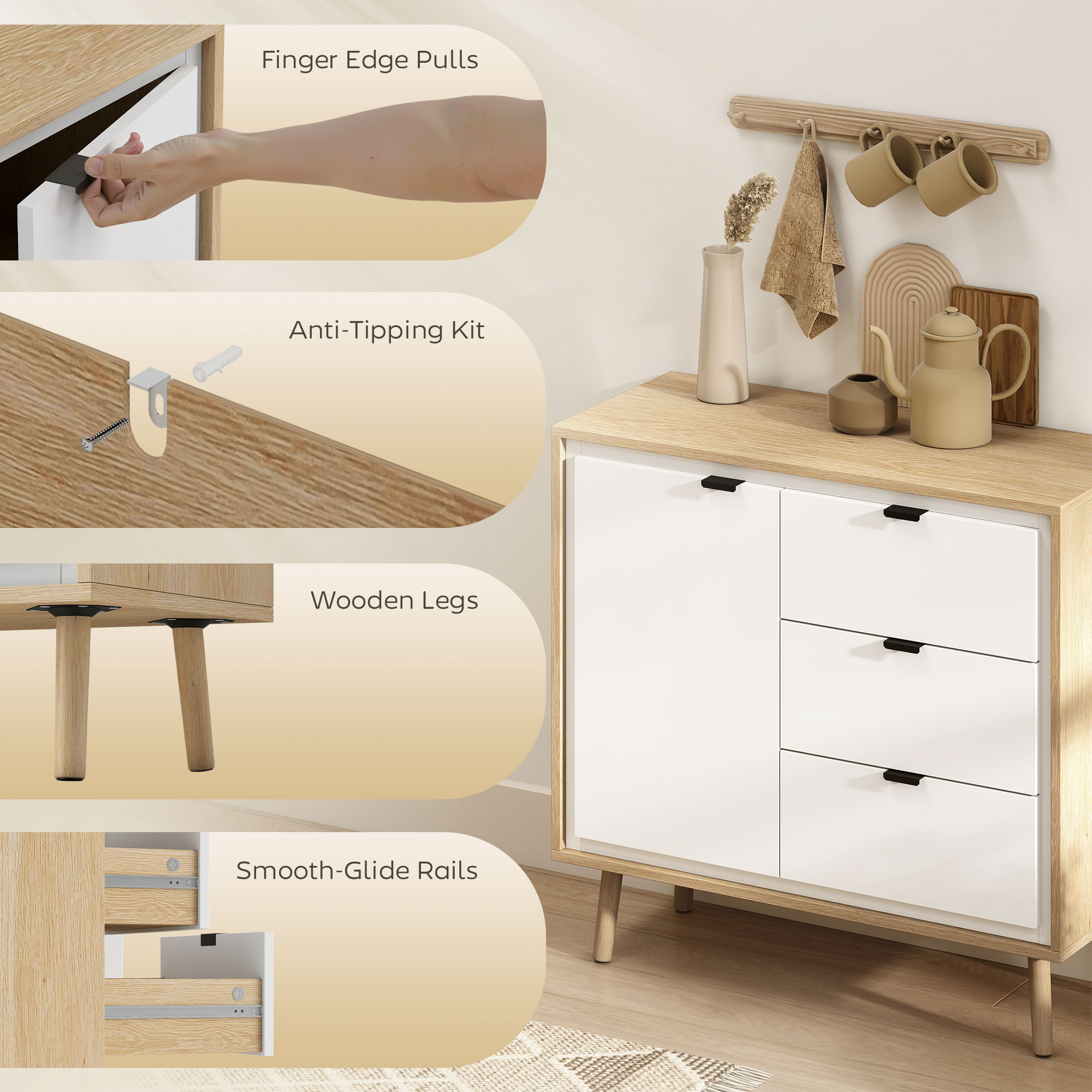  Credenta de bucatarie cu 3 sertare si dulap Alb lucios si stejar [6]