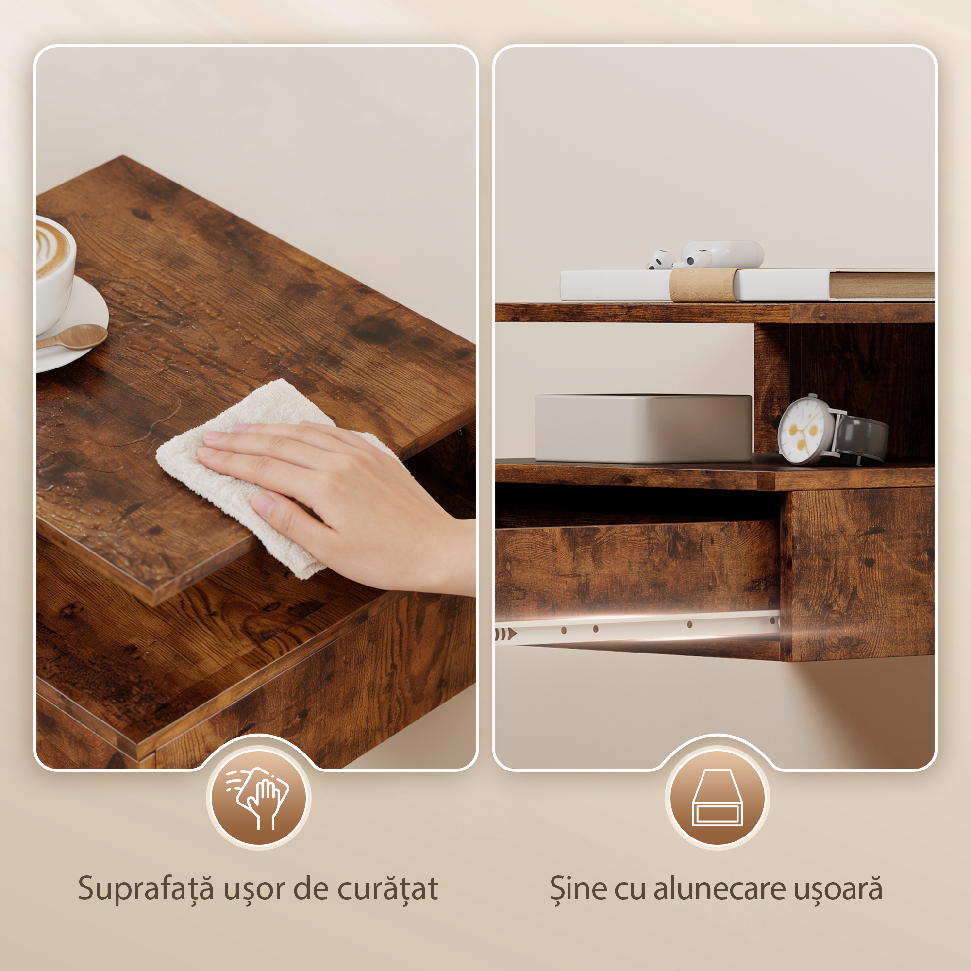  Set de 2 Noptiere Suspendate cu Sertar si Raft Deschis, 35x32x22.5 cm, Maro Rustic [6]